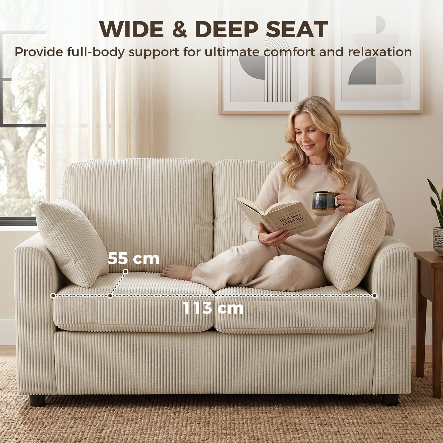 HOMCOM 2 Seater Sofa Corduroy Small Couch With Pocket Springs And Spring Cushion Wide Deep Seat Beige