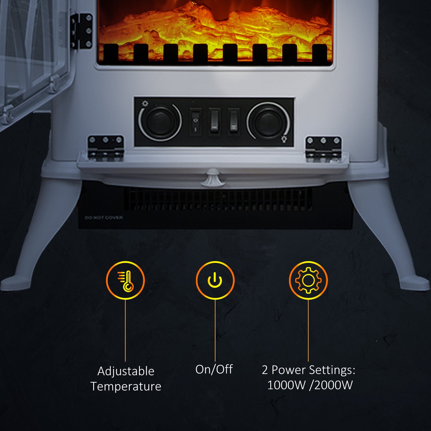 HOMCOM Vintage Electric Fireplace Heater 1kW to 2kW with Adjustable Thermostat White Realistic Faux Fire Ambience