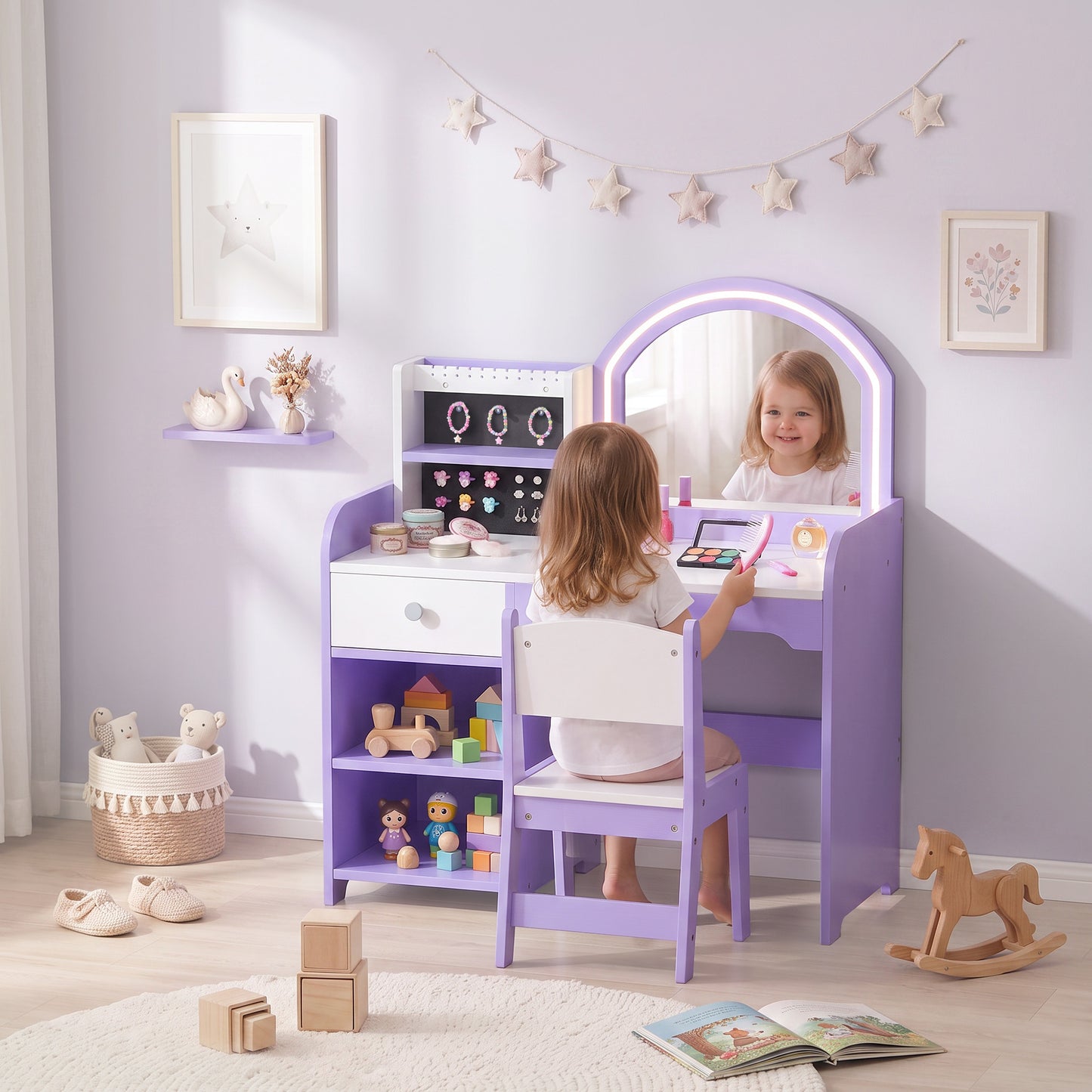 Kids Vanity Set With Light Up Mirror Stool Purple Dressing Table Gift Girls