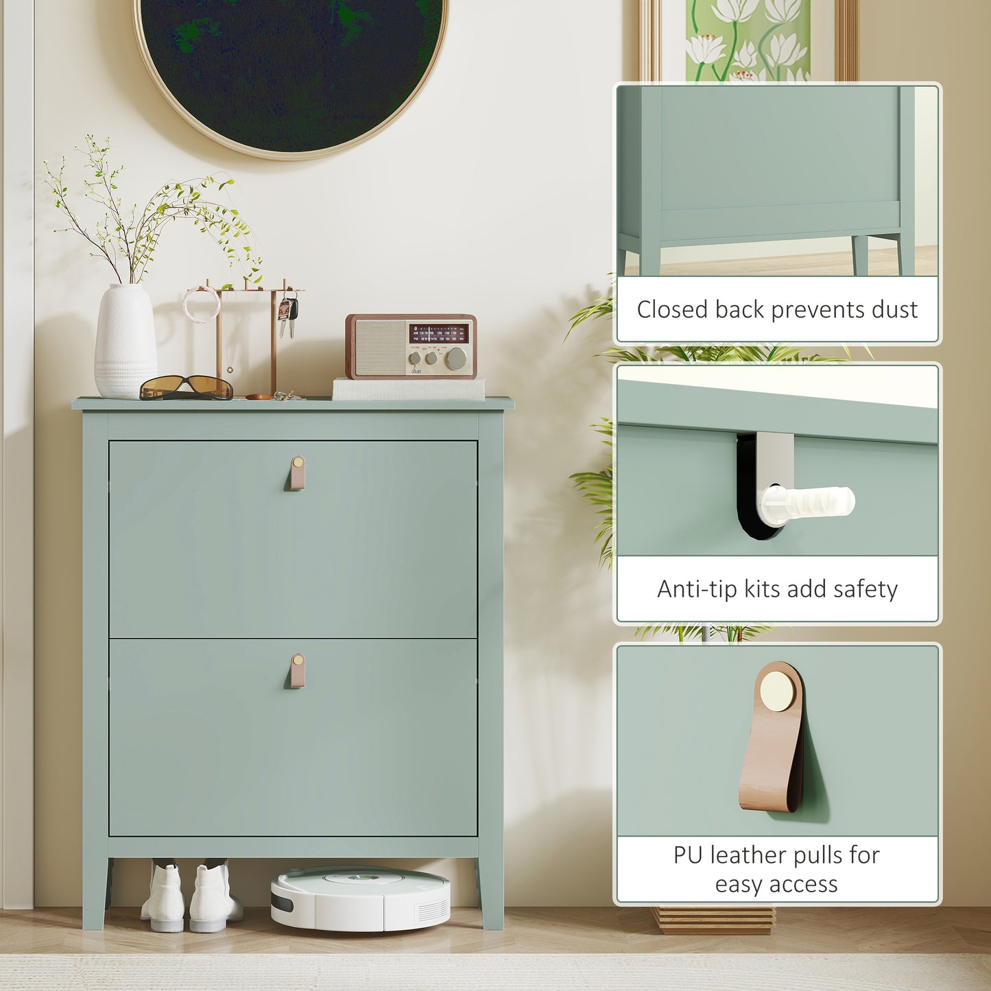 HOMCOM Modern Two Drawer Shoe Cabinet Green Slim Narrow Storage For 14 Pairs UK Men Size 9.5