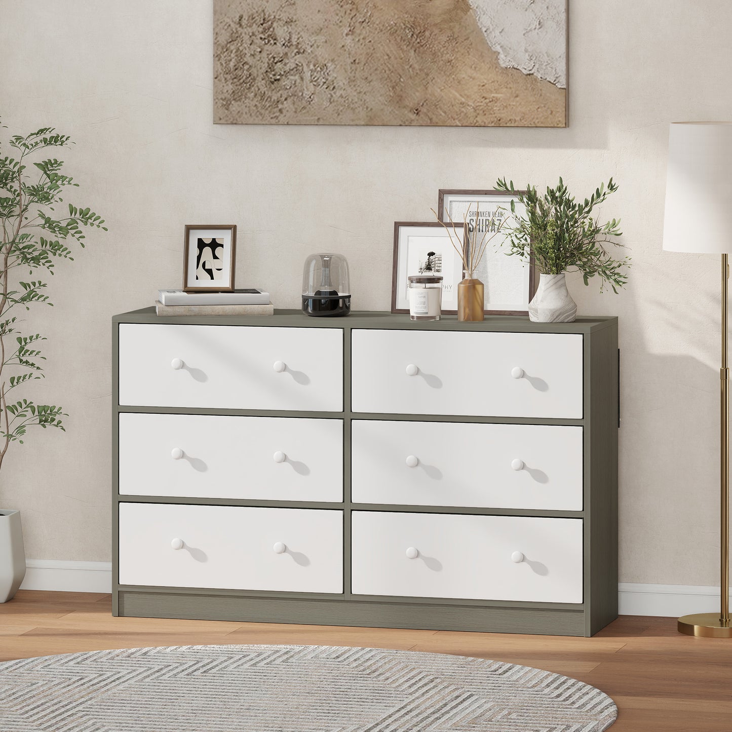 HOMCOM Six Drawer Fabric Dresser Chest White and Grey Wood Effect MDF and Steel Frame