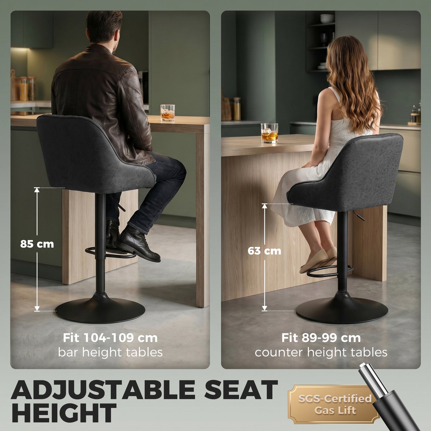 HOMCOM Adjustable Swivel Bar Stools With Backrest Kitchen Chairs Set Of 2 For Kitchen Island Black