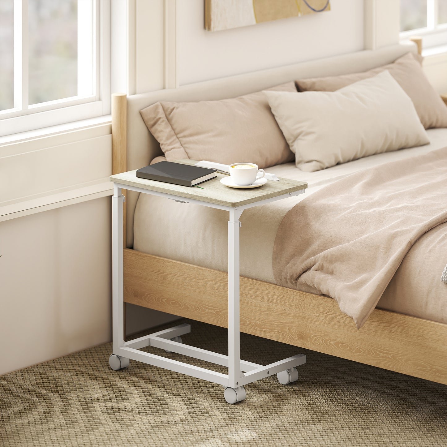 HOMCOM C Shaped Sofa Side Table Height Adjustable Overbed Table With Tilting Desktop Mobile Laptop Desk Oak And White