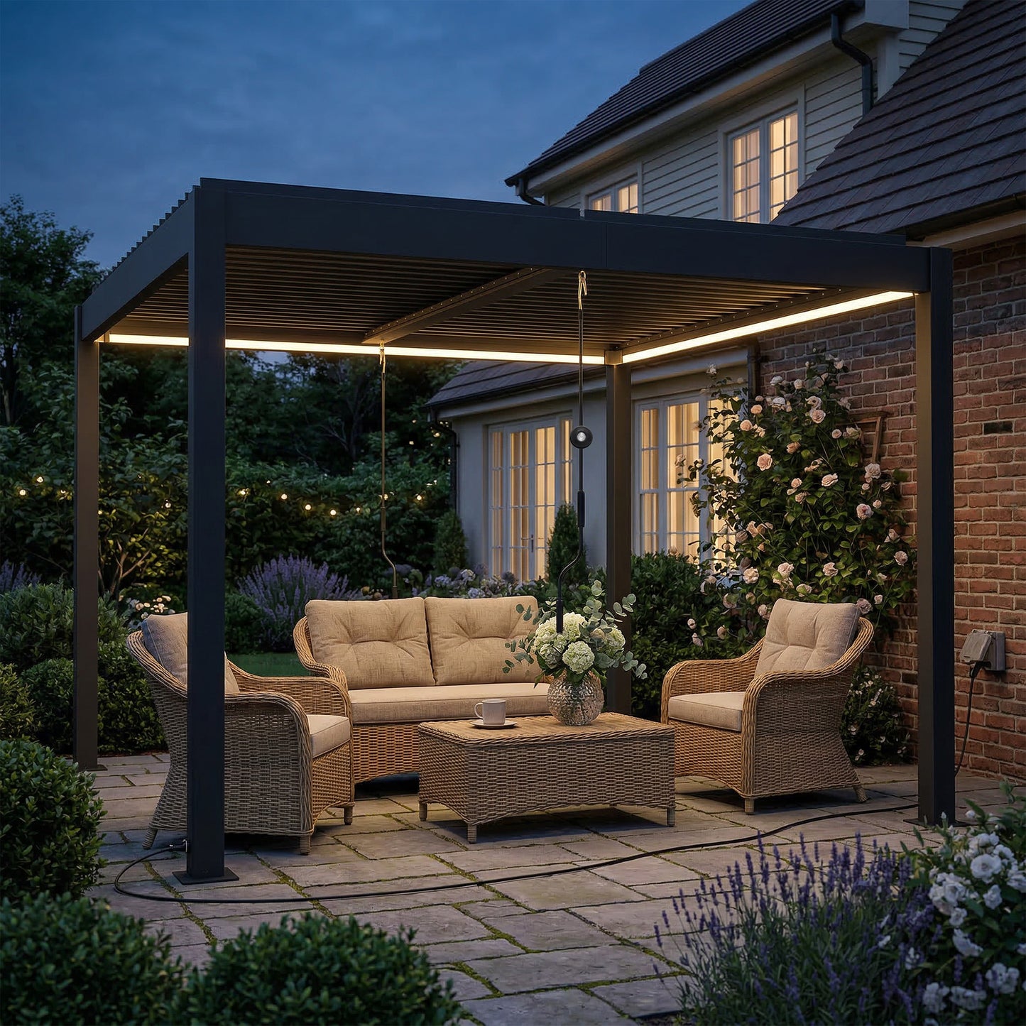 Outsunny 3 x 3 M Louvered Pergola With LED Lights Aluminium Patio Gazebo Dark Grey