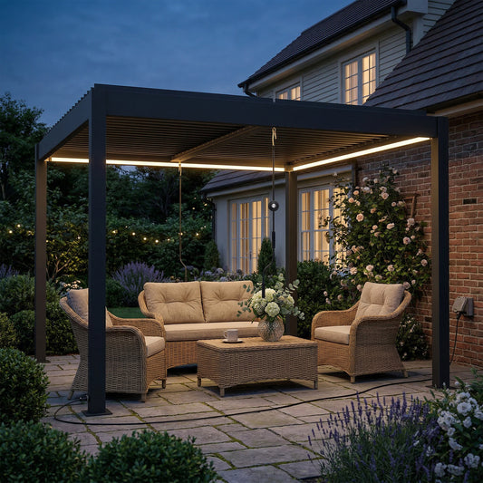 Outsunny 3 x 3 M Louvered Pergola With LED Lights Aluminium Patio Gazebo Dark Grey