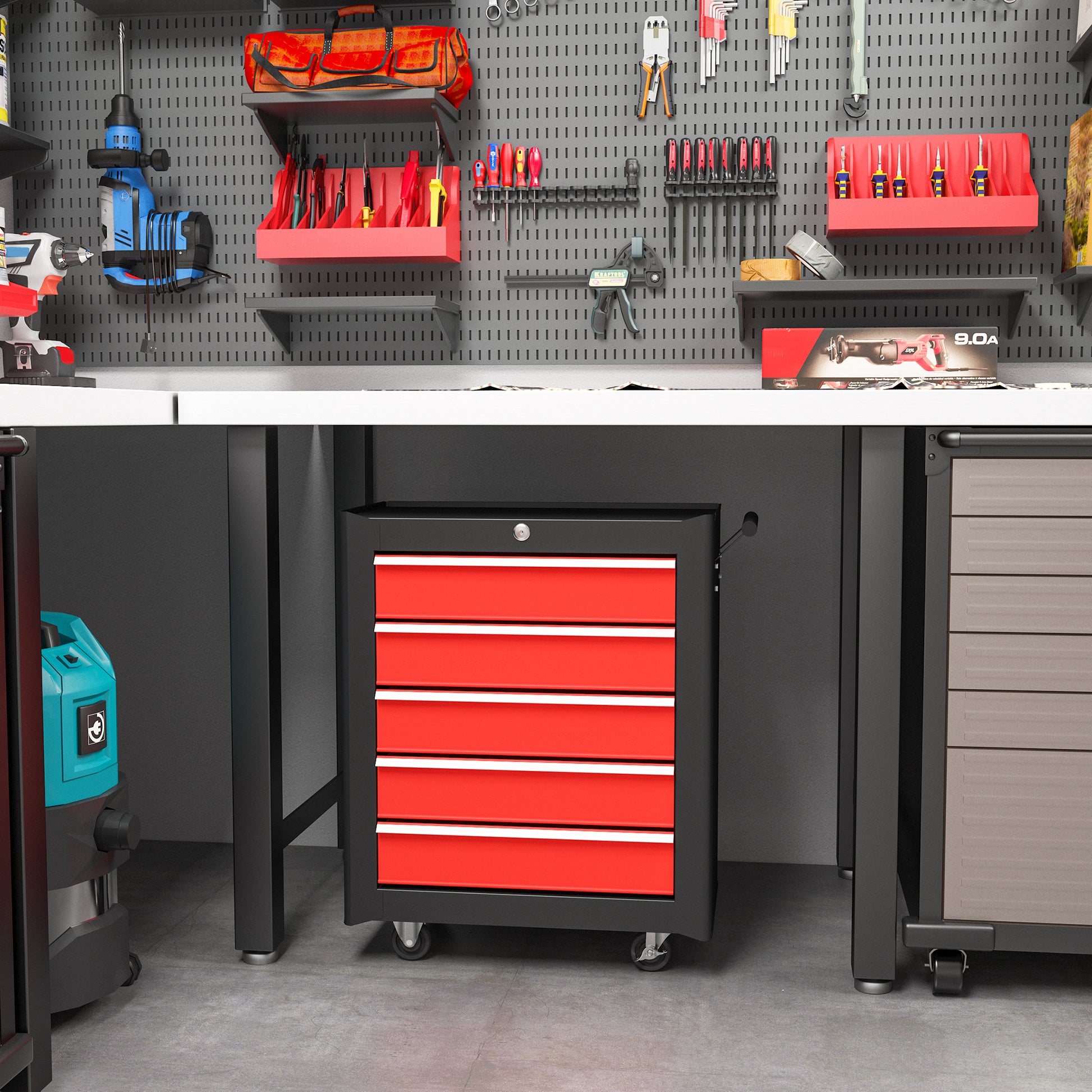 HOMCOM Rolling 5-Drawer Steel Tool Cabinet with Lock and Handle, Red Storage Solution for Garage and Workshop - ALL4U RETAILER LTD