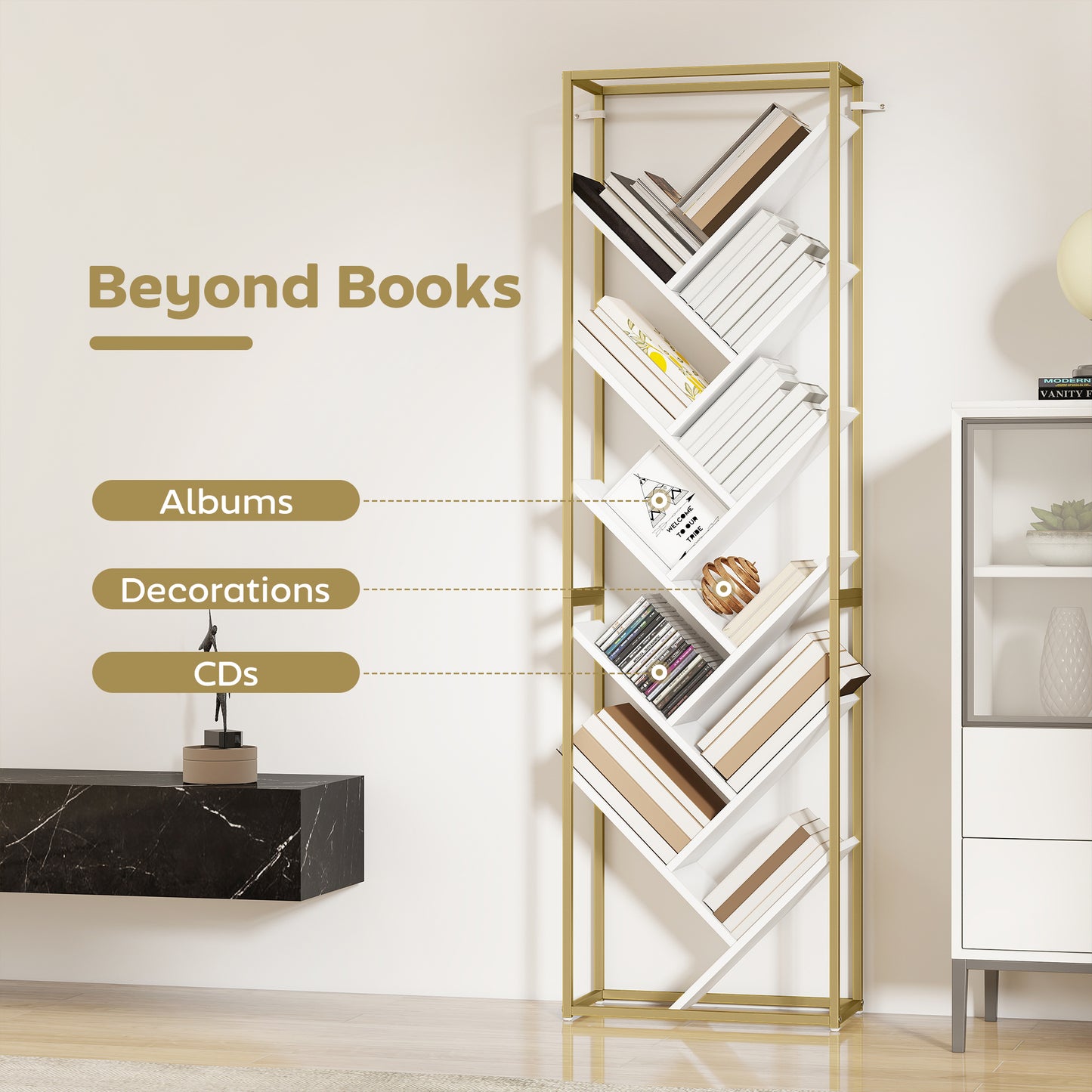 HOMCOM 10 Shelf Modern Style Tree Bookshelf Gold Tone White Tall 170 cm Space Saving Floor Standing