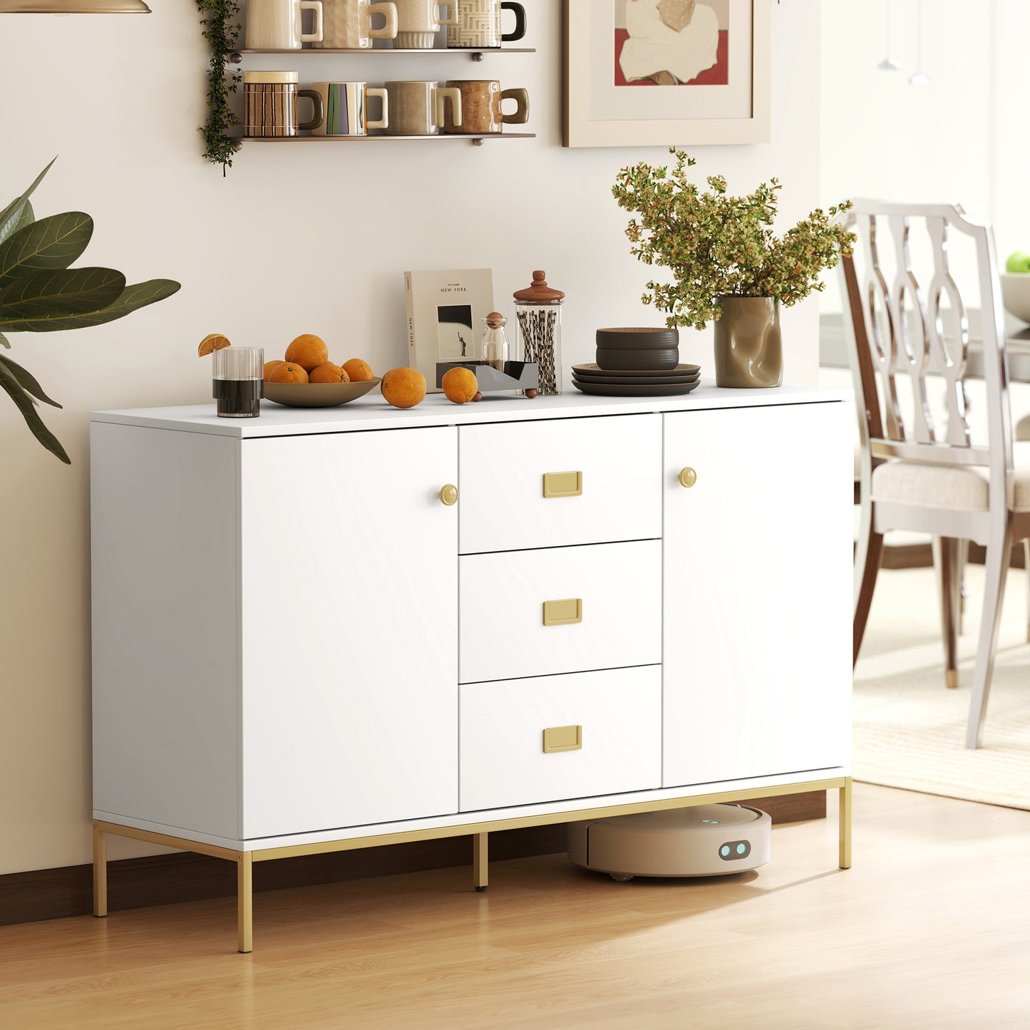 HOMCOM Modern White And Gold Sideboard With Storage Two Cupboards Three Drawers Adjustable Shelves