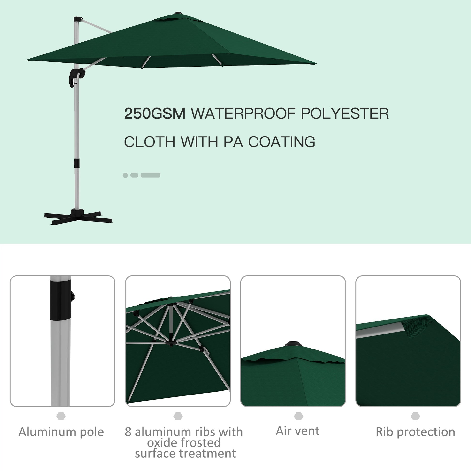 Outsunny Green 3x3m Waterproof Cantilever Parasol with Crank, Tilt, and 360° Rotation - Aluminium Frame and Cross Base - ALL4U RETAILER LTD