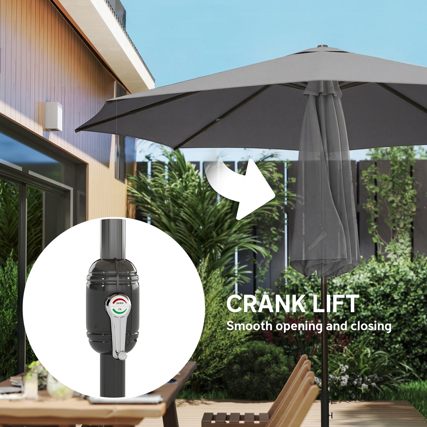 Outsunny 2.7 m Parasol Umbrella With Cross Base And Sandbag Retractable Ribs Outdoor Table Market Umbrella Light Grey