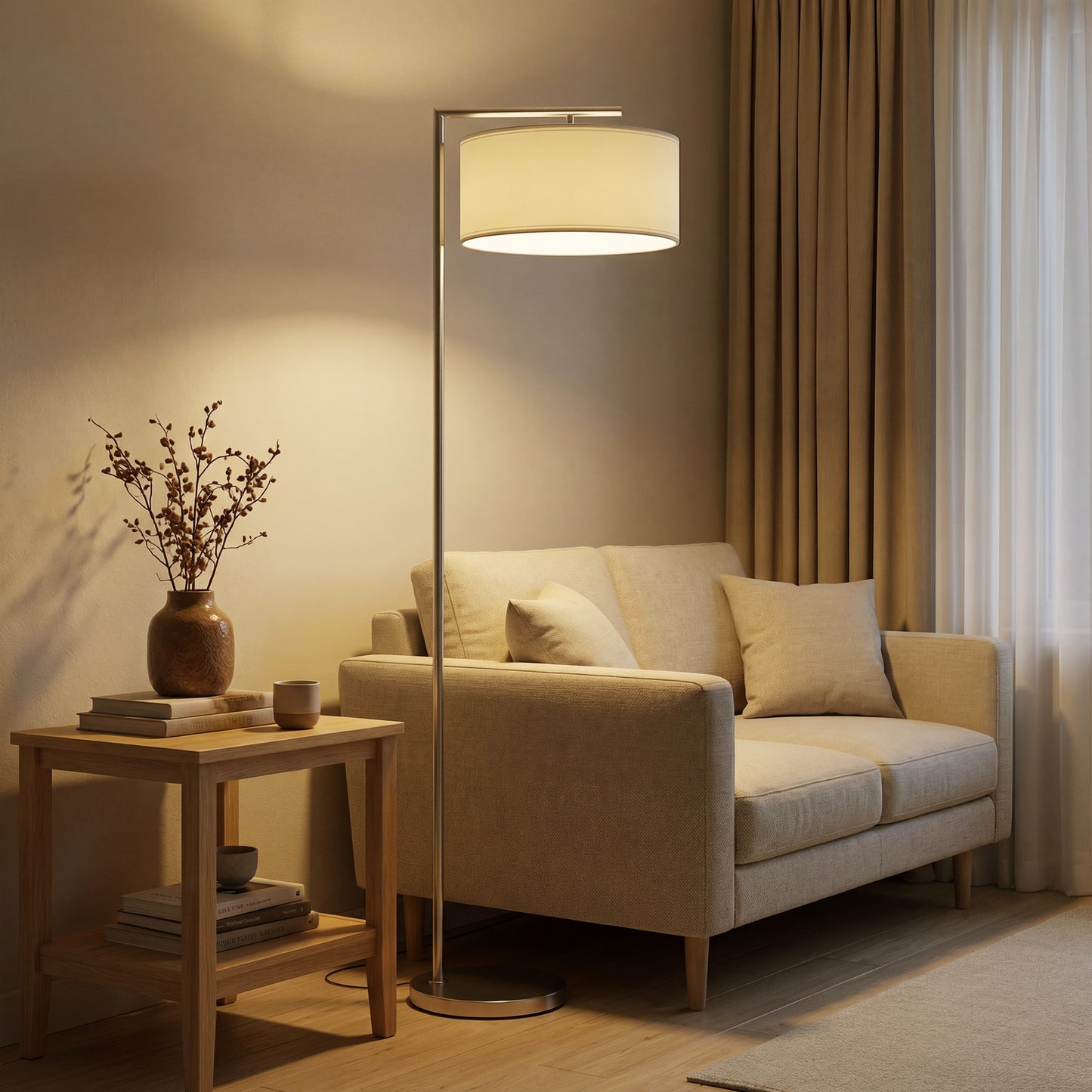 HOMCOM Floor Lamp Modern Standing Lamp With Linen Lampshade 153cm Silver Tone For Living Room Bedroom Dining Room