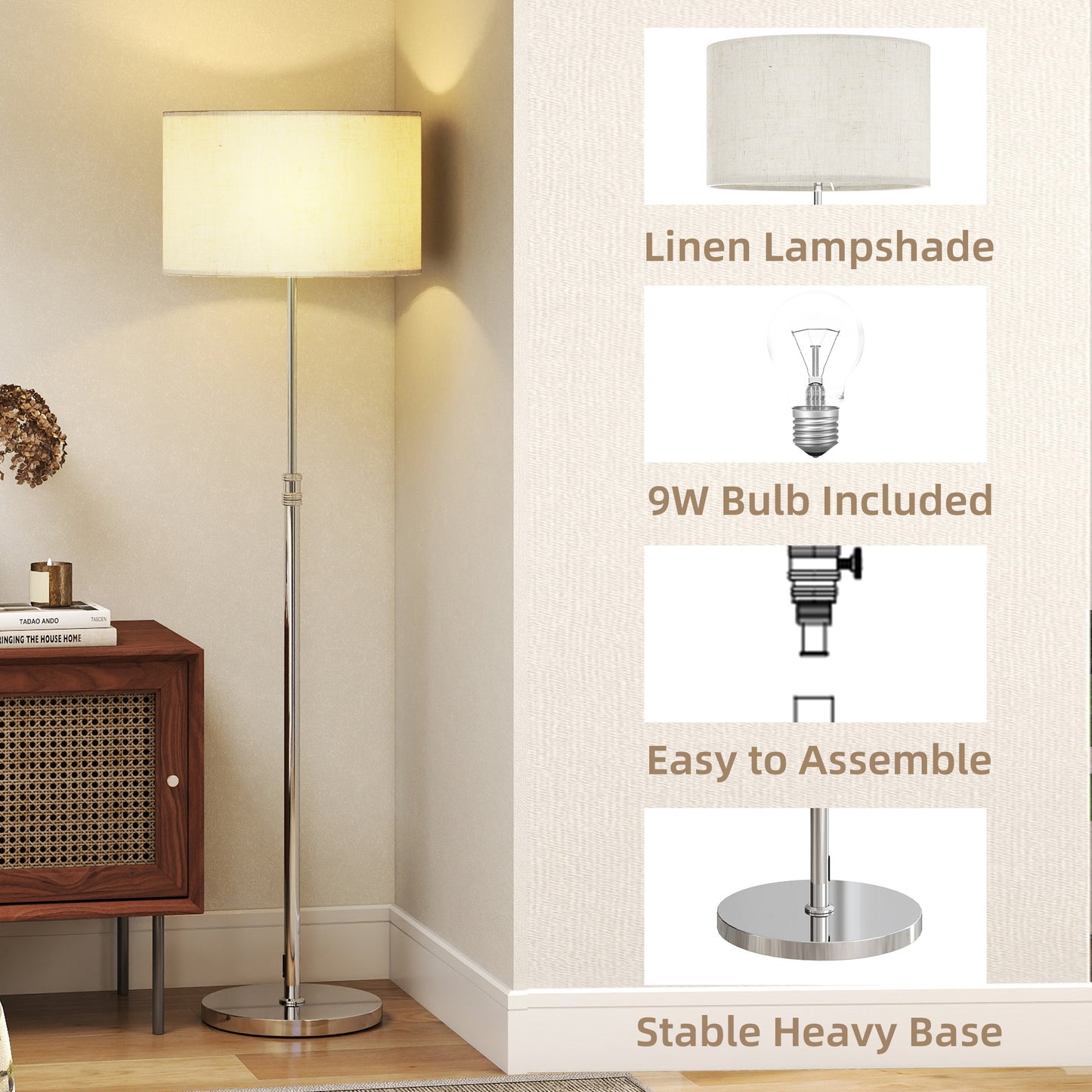 HOMCOM Floor Lamp With Remote Height Adjustable Linen Shade Dimmable 3000K 6000K Color Temperatures Foot Switch Silver