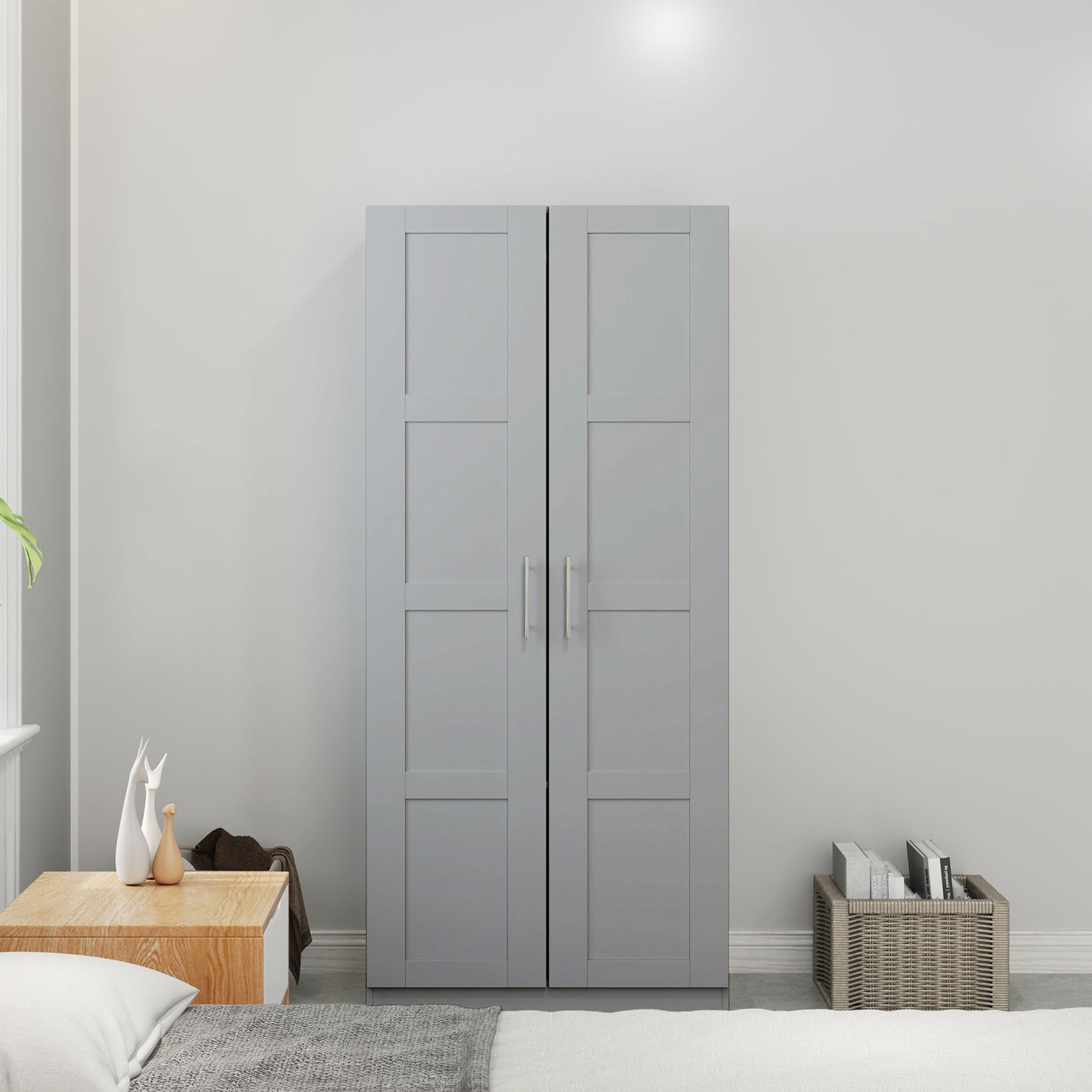 HOMCOM Double Paneled Door Wardrobe With Shelves Grey Soft Close Doors for Bedroom Storage