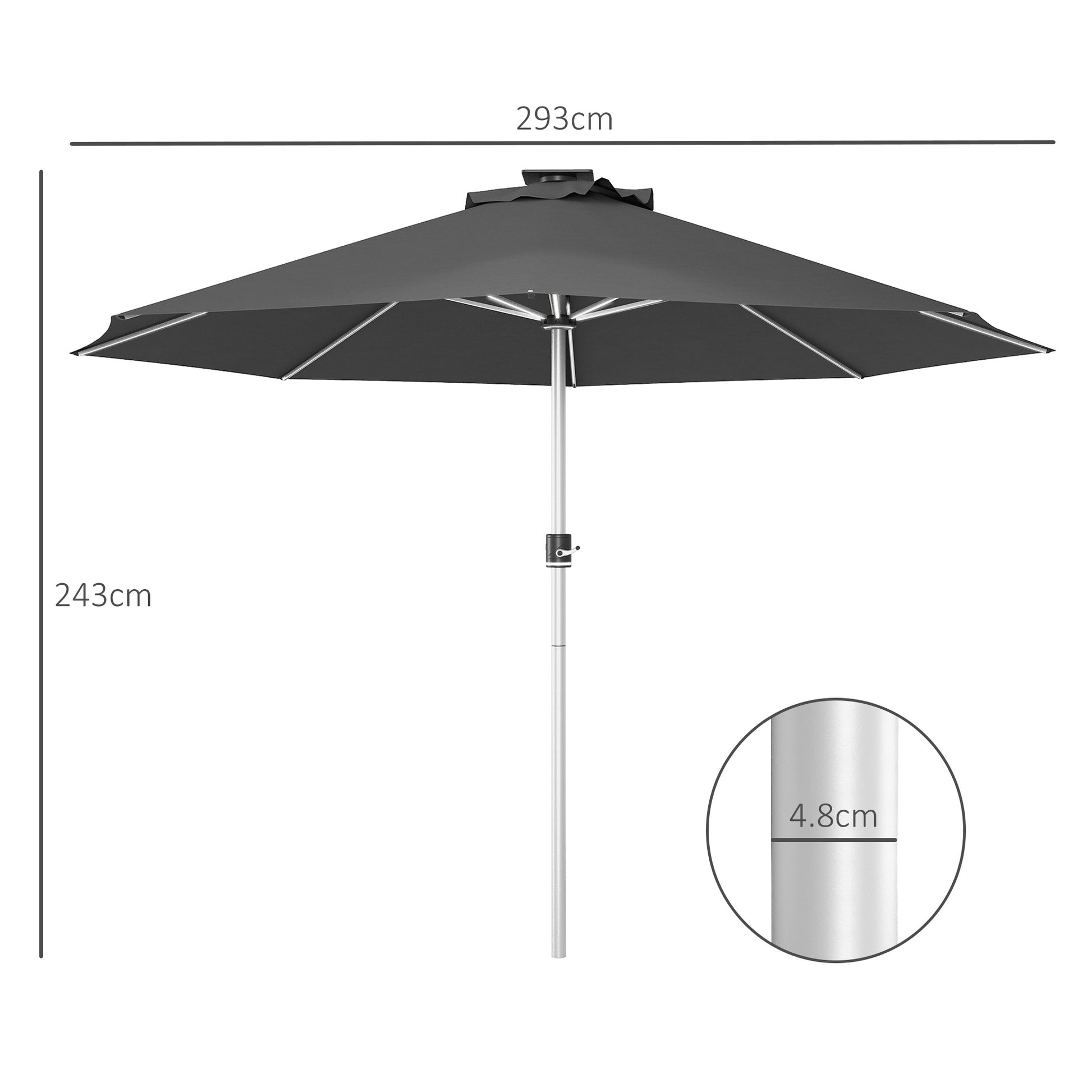 Outsunny Lighted Solar Patio Umbrella with 4 Modes, Waterproof Design & USB Charging - Charcoal Grey - ALL4U RETAILER LTD