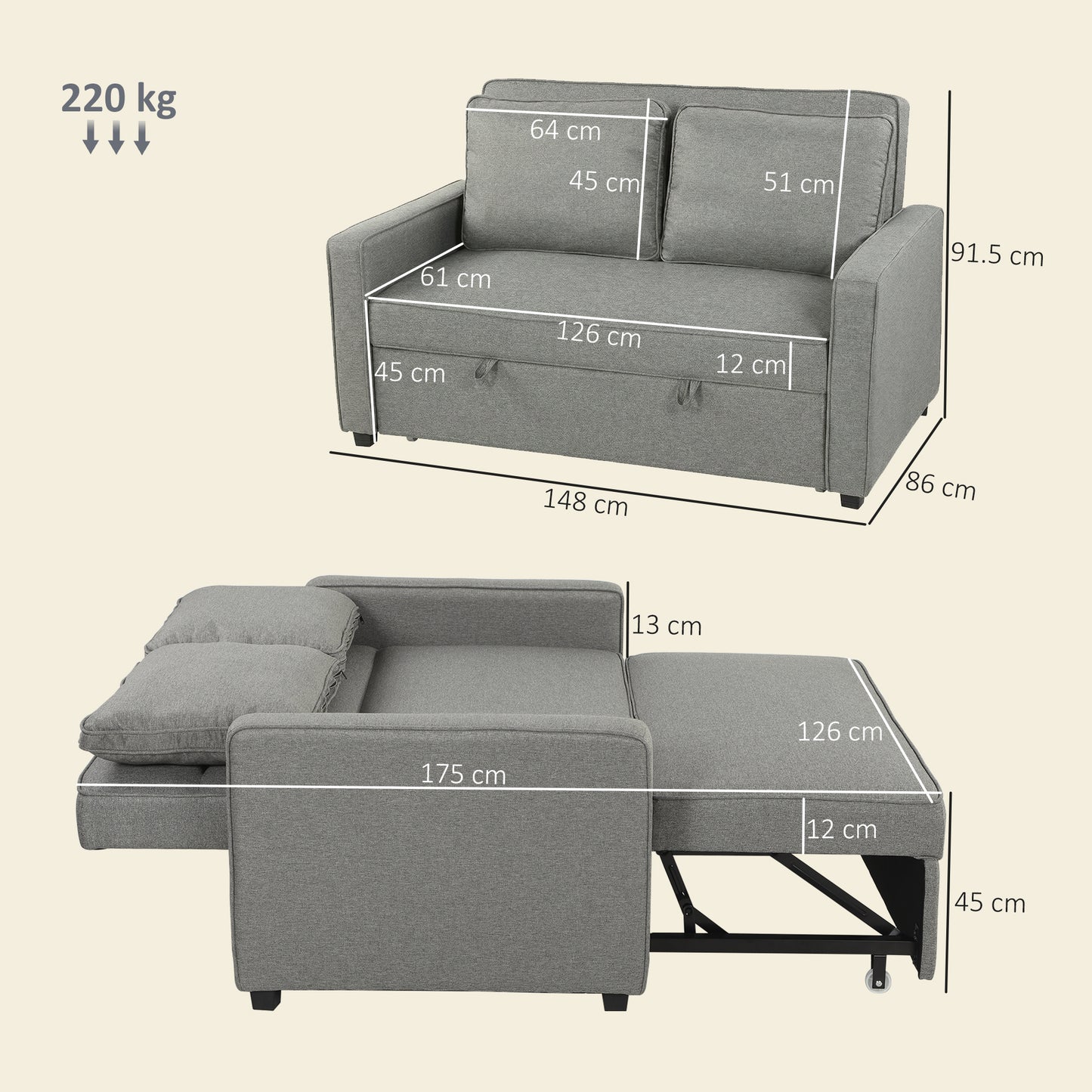 HOMCOM 3 In 1 Click Clack Two Seat Sofa Bed With Adjustable Backrest And Pull Out Bed For Living Room And Bedroom Grey