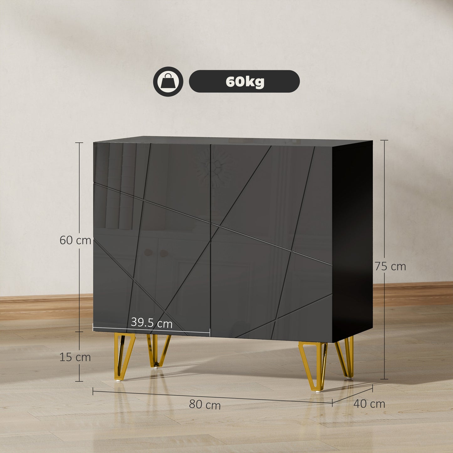 HOMCOM Modern Luxe High Gloss Sideboard With Hairpin Legs In Black Elegant Storage Cabinet
