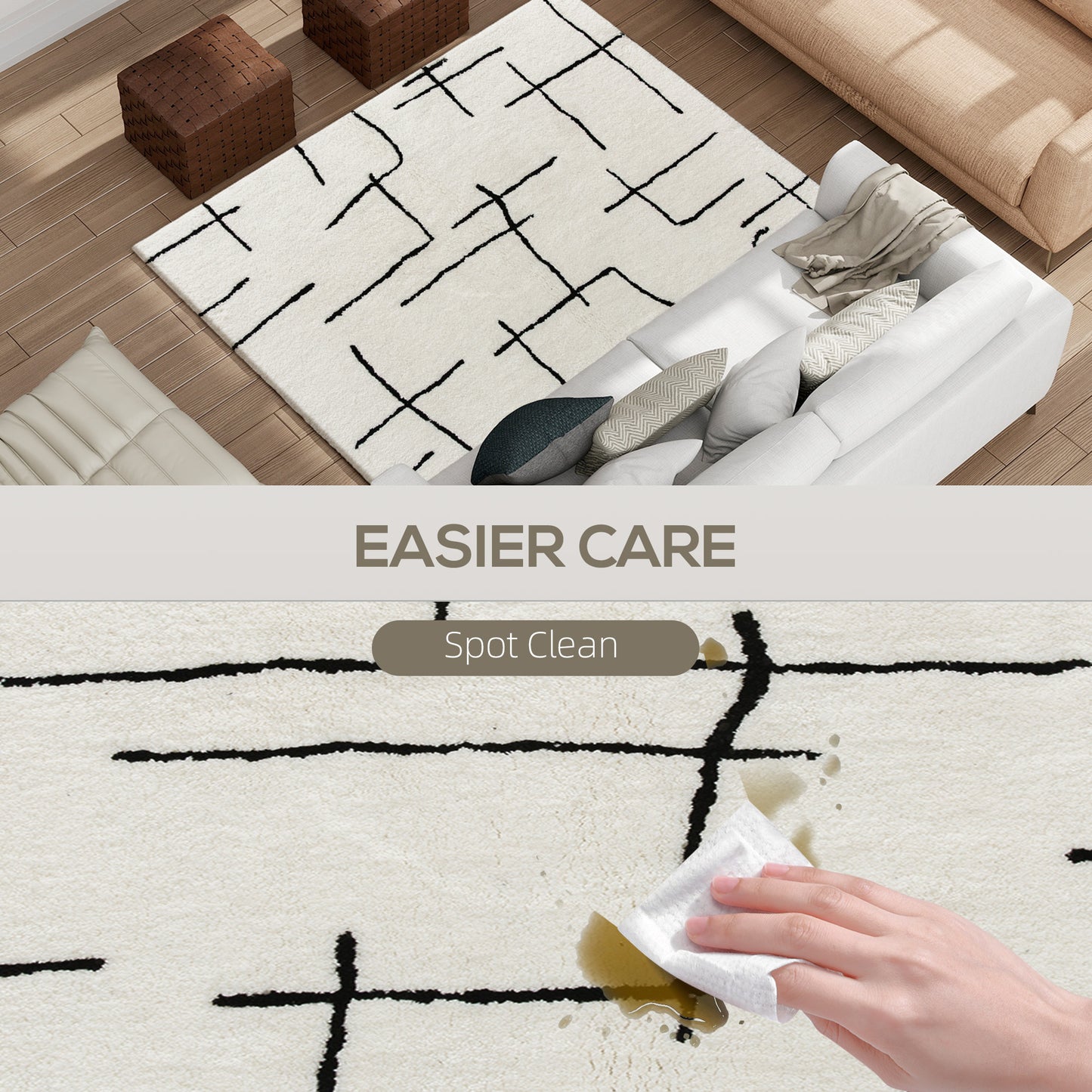 HOMCOM Modern Fluffy Rug Geometric Pattern Washable High Pile Carpet For Living Room Bedroom Office 170 x 120 cm Cream