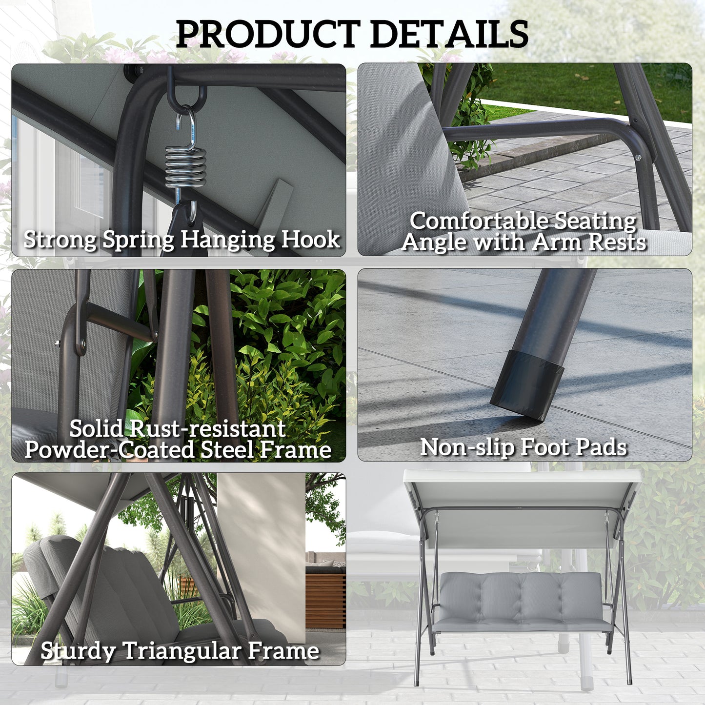 Outsunny Three Seater Garden Swing Seat With Adjustable Canopy And Removable Padded Seat And Back Cushions Light Grey