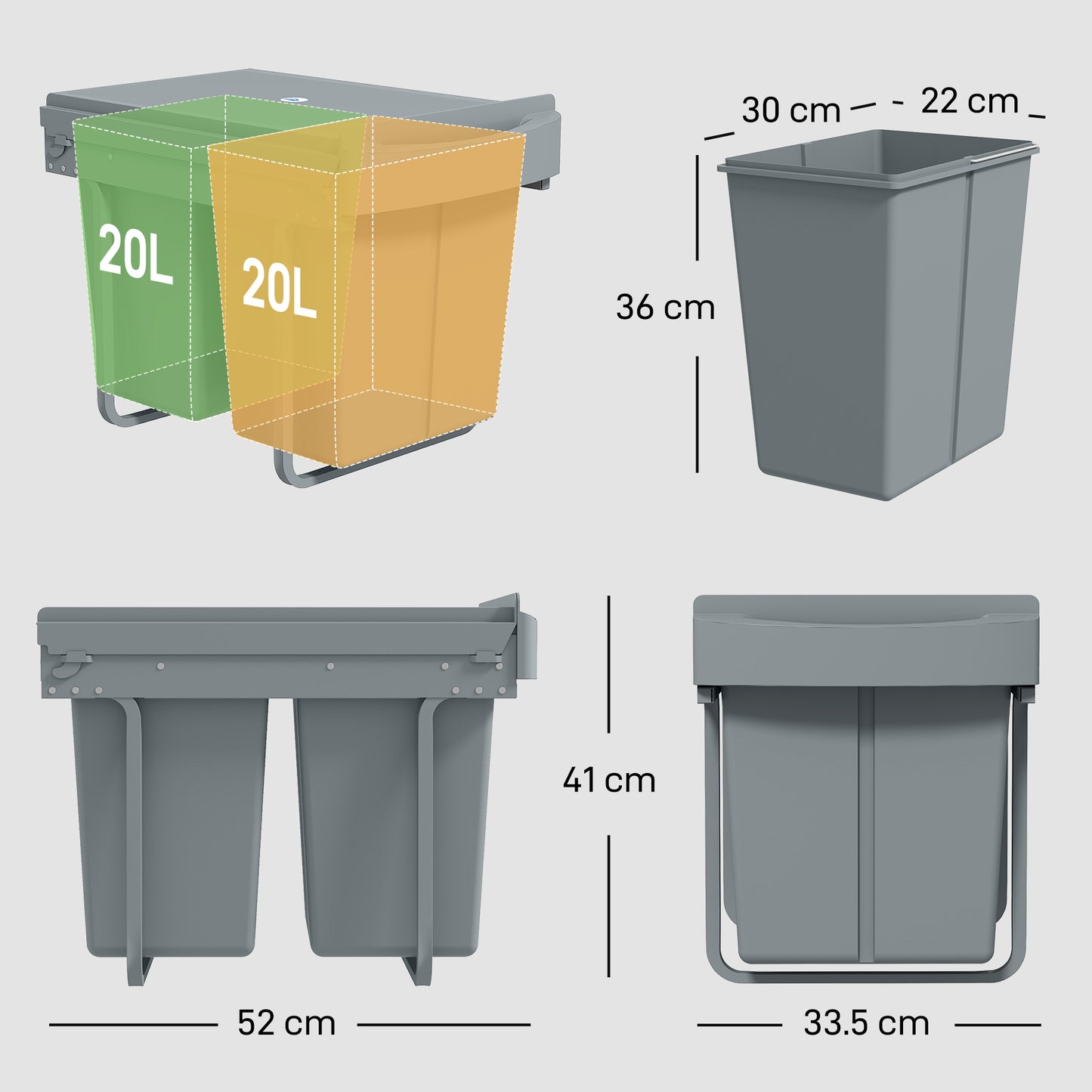 HOMCOM Pull Out Kitchen Bin Under Sink With Dual Removable Compartments And Smooth Glide Grey