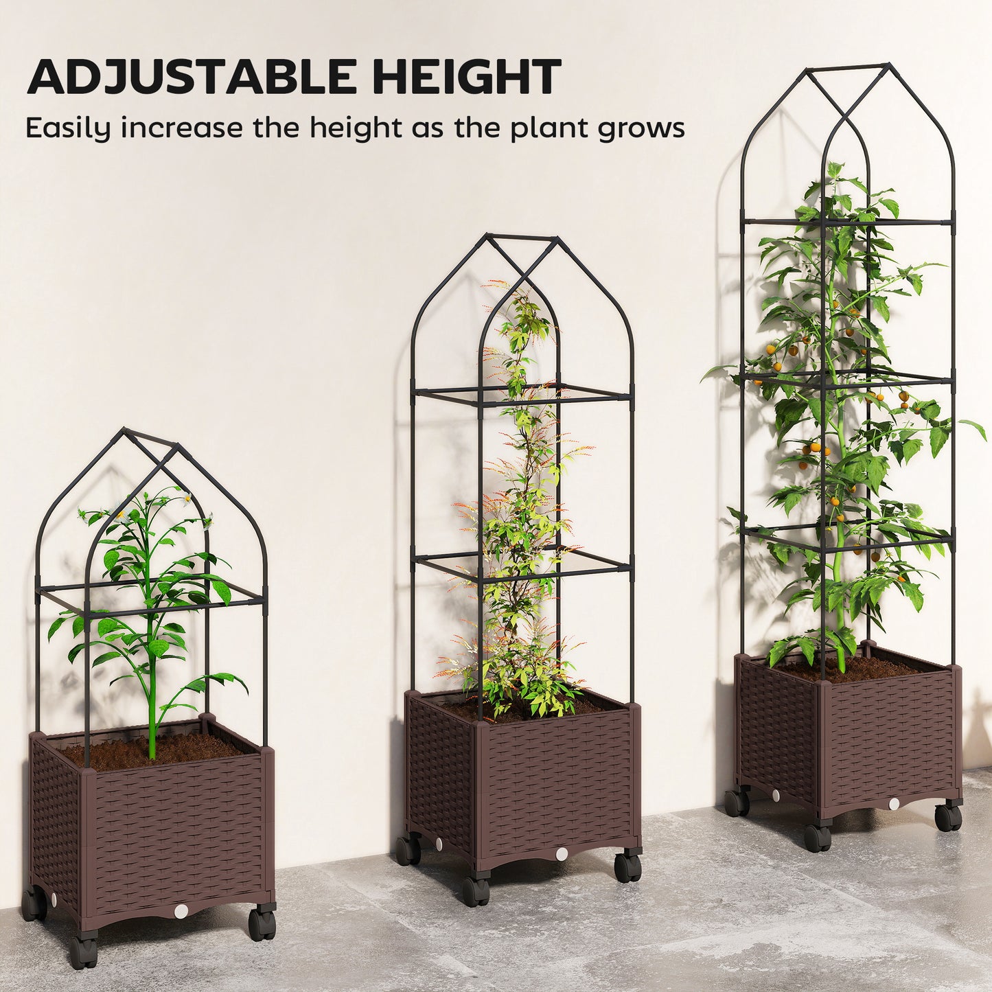 Outsunny Raised Garden Bed On Wheels With Trellis And Tomato Cage Self Watering Planter Box With Drainage Holes Brown