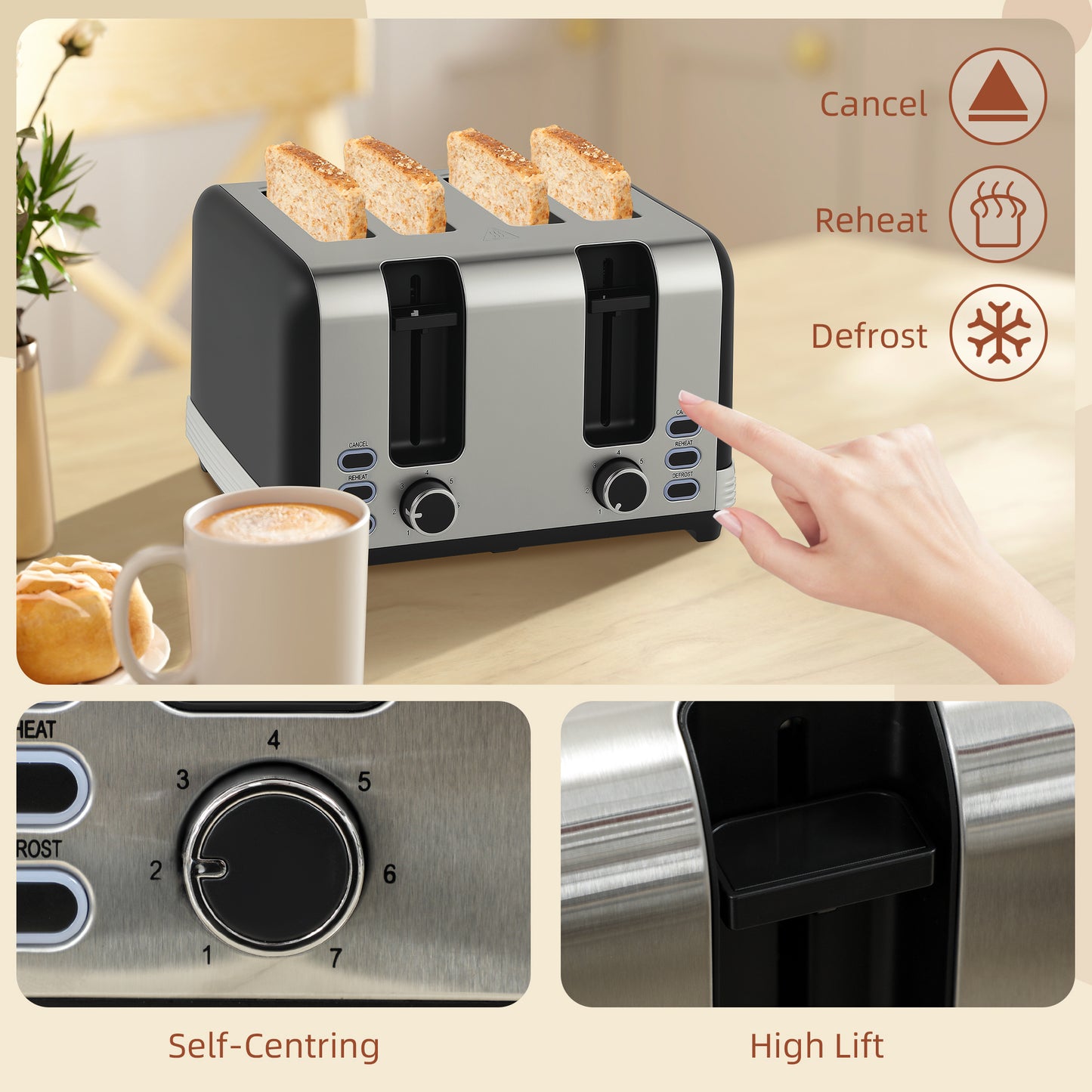 HOMCOM Stainless Steel Panel Kettle And Four Slot Toaster Set Black With 1.7L Kettle UK Strix Thermostat Auto Shut Off