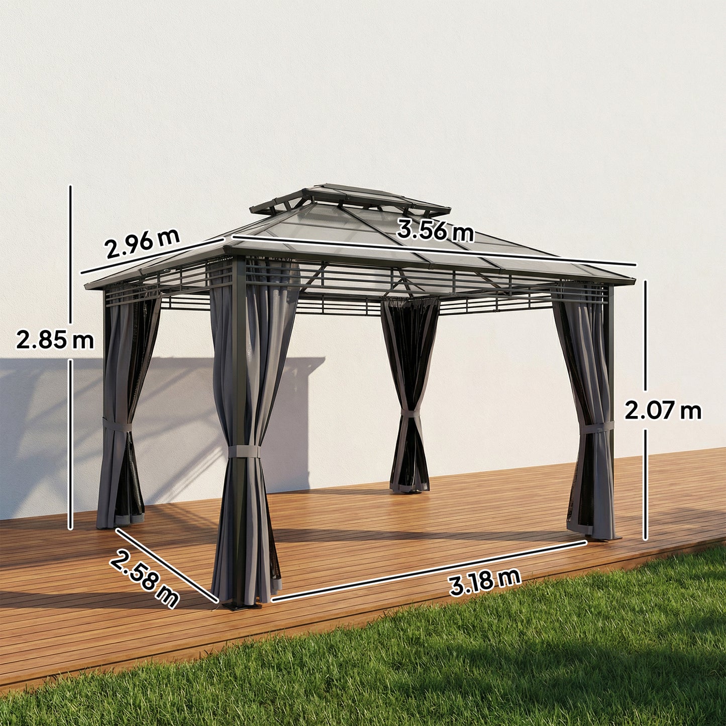Outsunny 3.6 x 3.0 m Outdoor Hardtop Gazebo With Sides 2 Tier Roof Permanent Pavilion Garden Metal Dark Grey