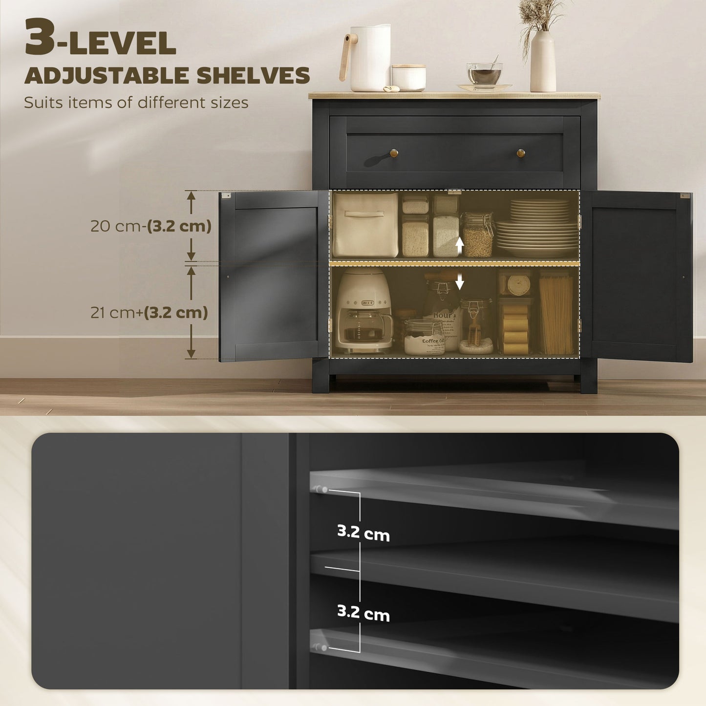 HOMCOM Sideboard Storage Cabinet With Adjustable Shelf Drawer And Double Doors Black Modern Kitchen Cupboard