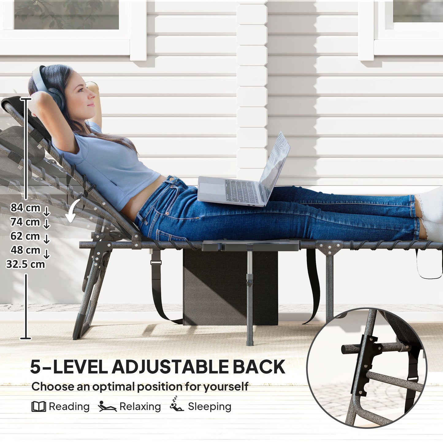 Outsunny Five Position Reclining Sun Lounger Black With Powder Coated Steel Frame And Removable Pillow