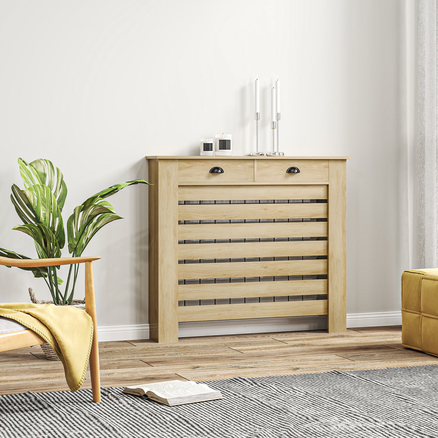 HOMCOM Oak Radiator Cover With Drawer 95.5H X 111W cm Slatted MDF And Particle Board