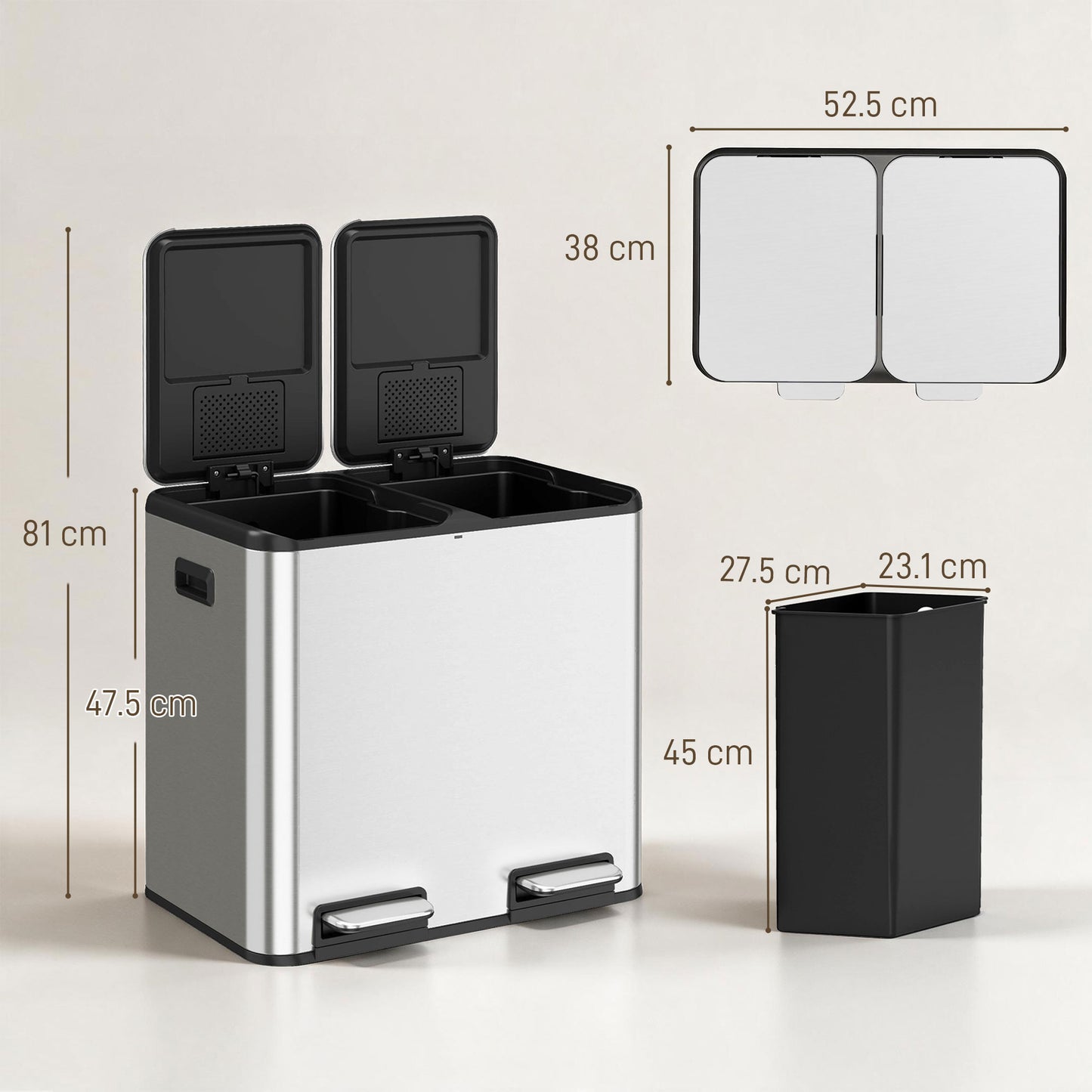 Homcom Dual Compartment Kitchen Bin 2X20L Stainless Steel Pedal Soft Close