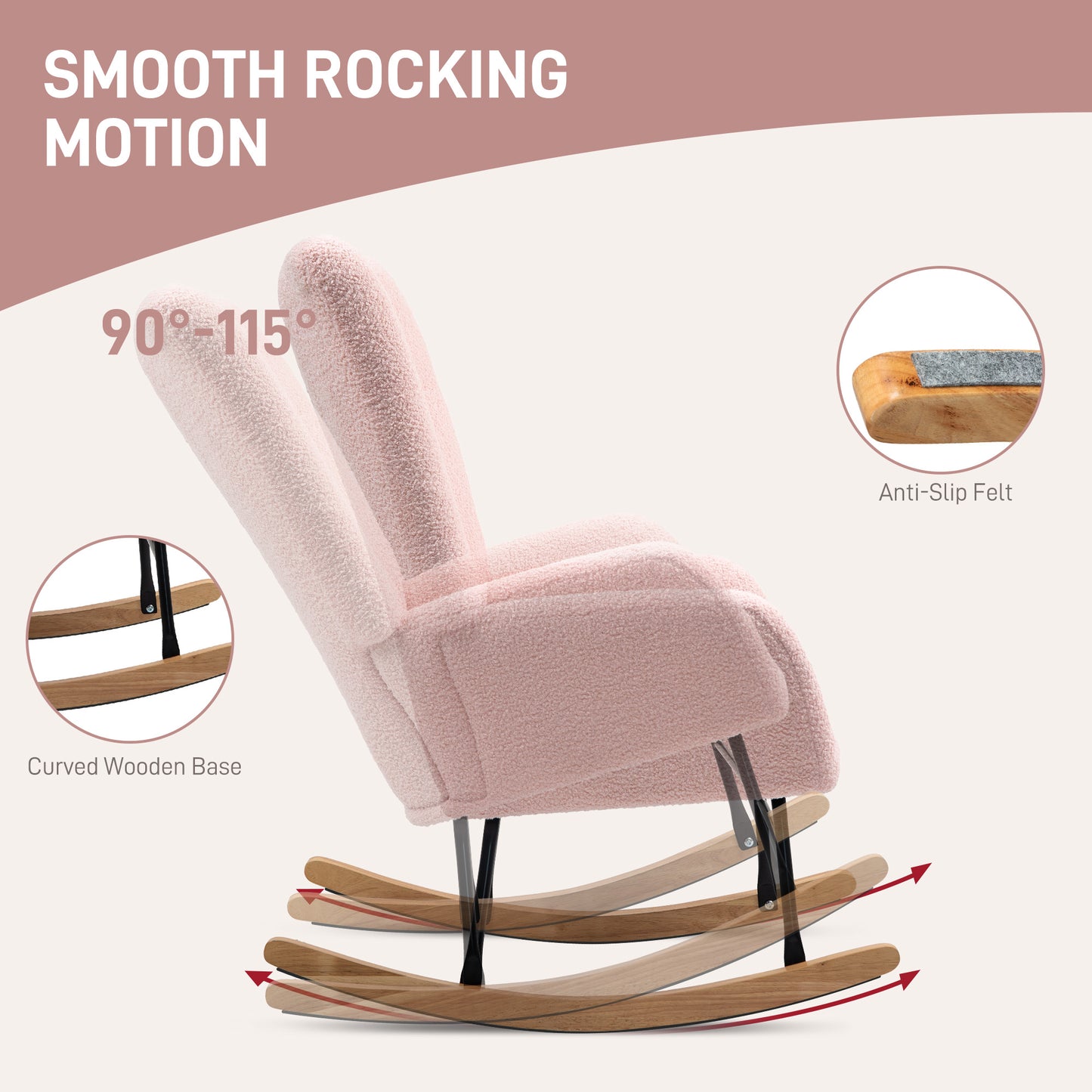 HOMCOM Teddy Fleece Rocking Chair Pink With Wood Feet Plush Upholstery For Comfort