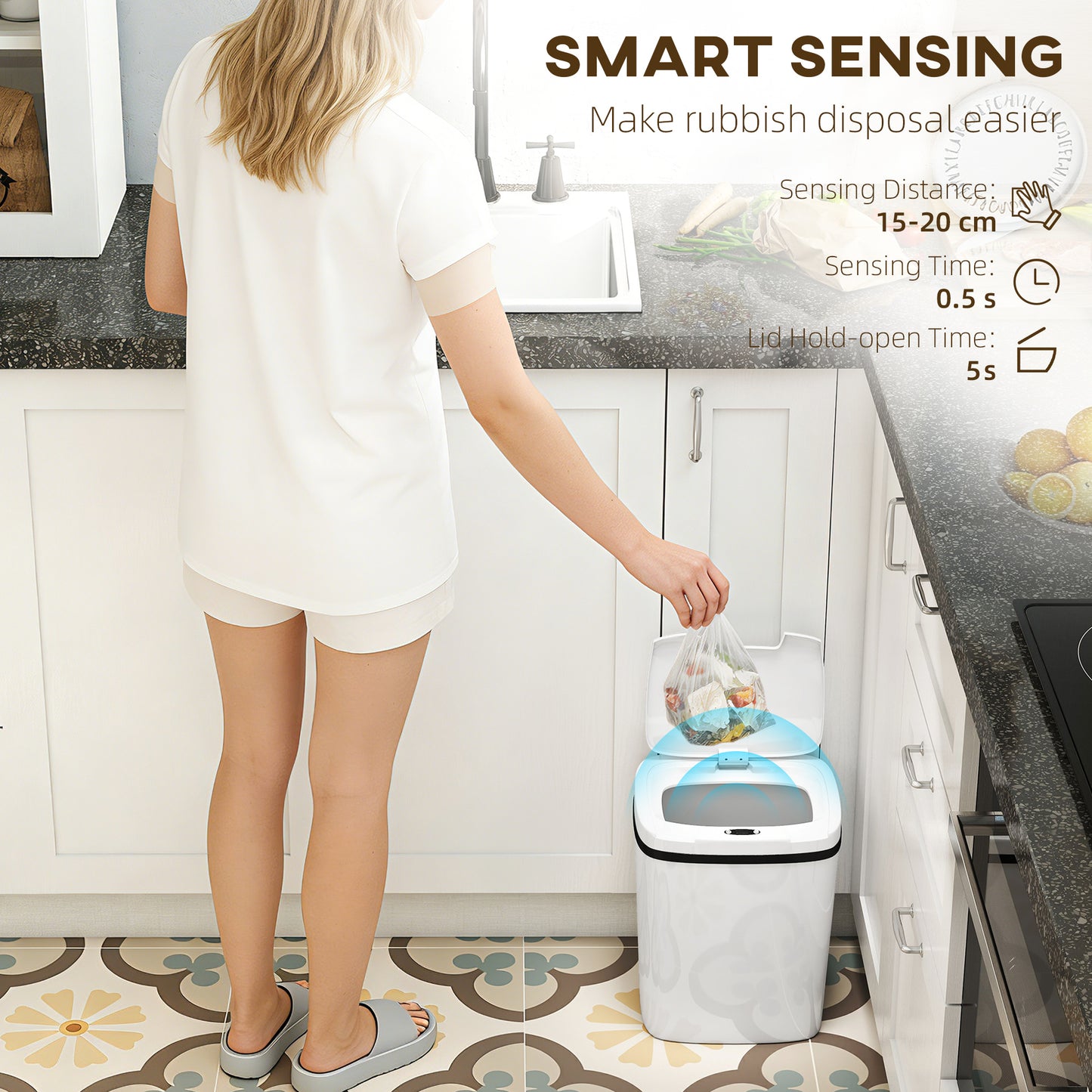 Homcom 15L Sensor Bin Touchless Kitchen Bin Battery Operated Automatic Open Easy Clean White