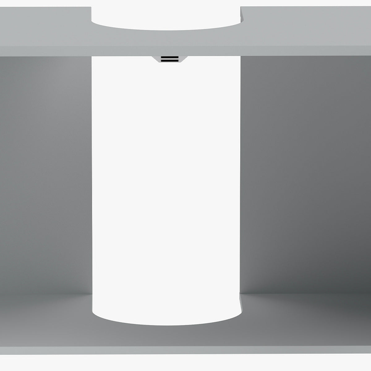 Under-sink cabinet top underside with U-shaped cutout in light blue