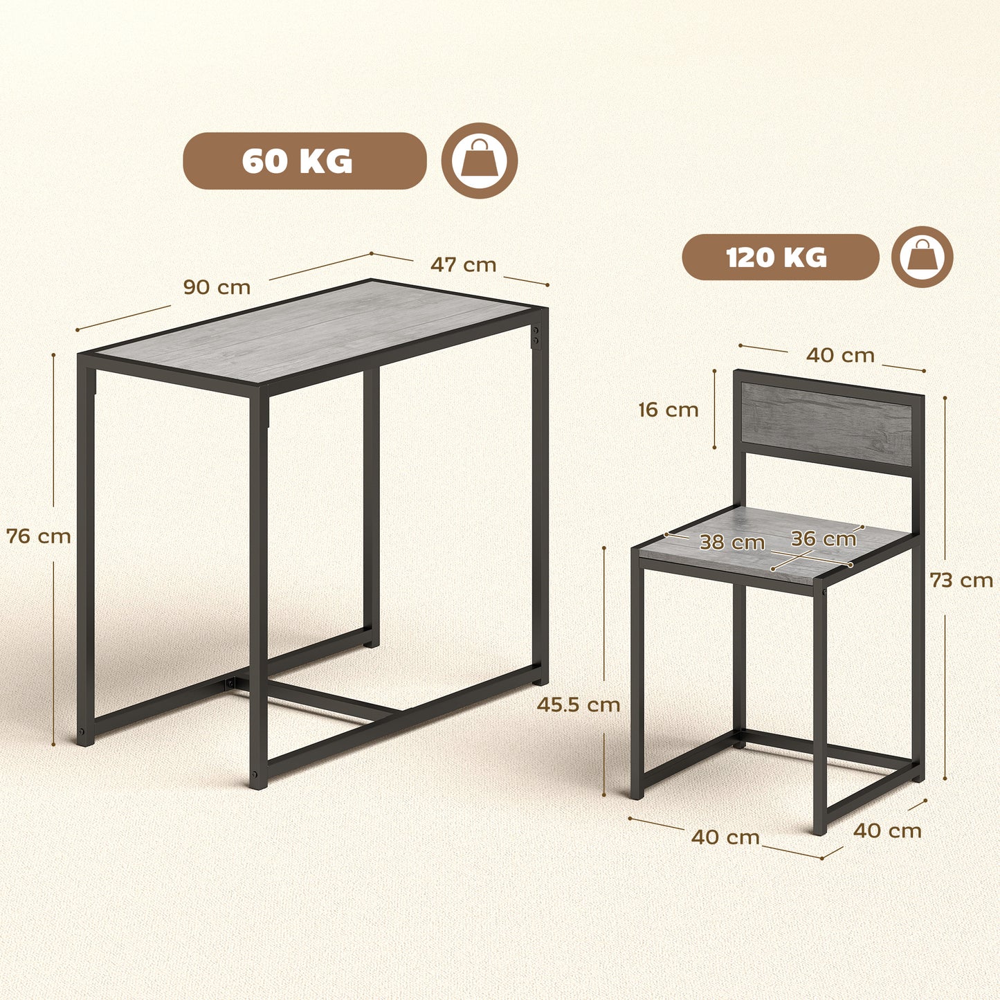 HOMCOM 3 Piece Table and Stool Set Charcoal Grey Wood Effect with Chestnut Brown MDF Panels