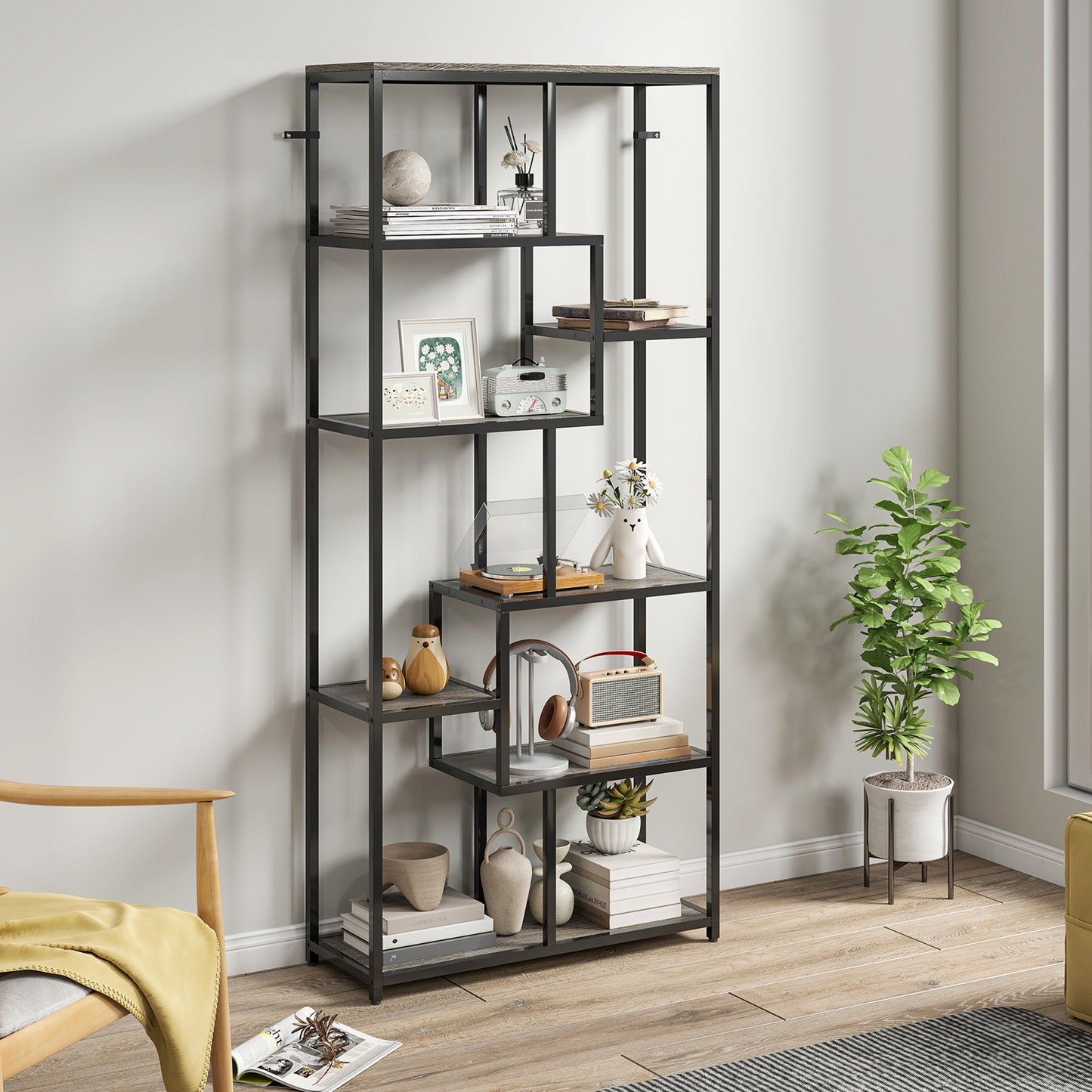 HOMCOM Seven Tier Geometric Bookcase Grey Black Metal Frame Bookshelf for Modern Home Decor