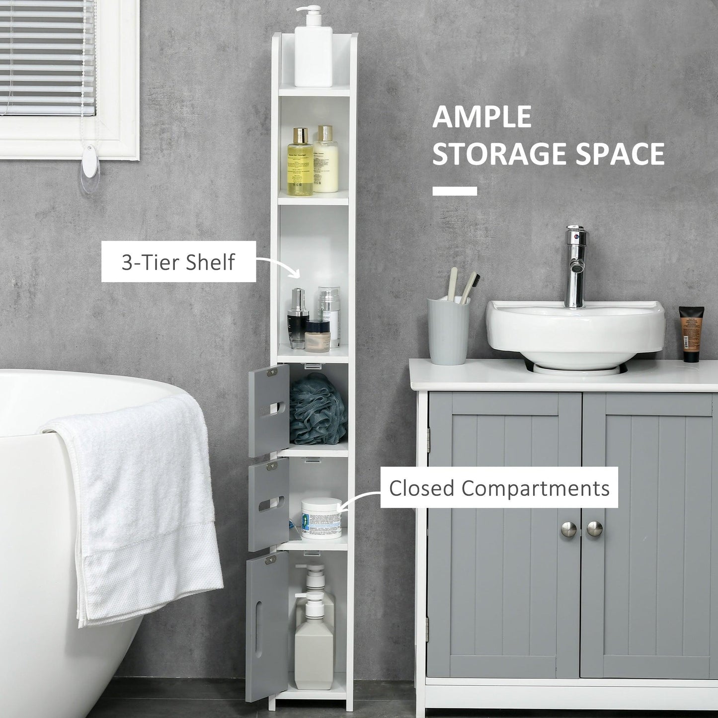 Kleankin Tall Bathroom Storage Cabinet with Shelves and 3 Door Cupboards, Grey - ALL4U RETAILER LTD