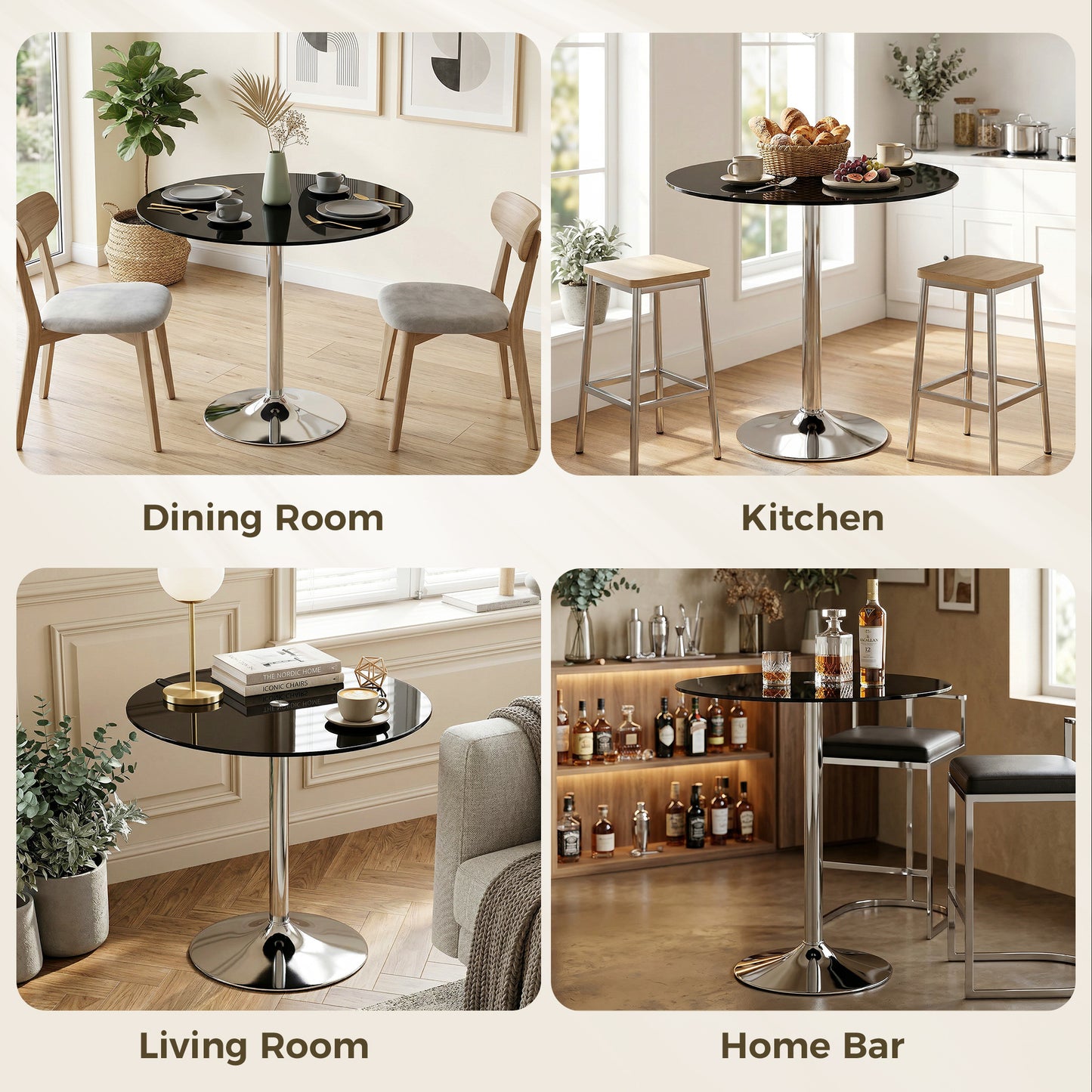 HOMCOM Round Bar Table Modern Dining Table With Tempered Glass Top And Steel Frame For Four 80 x 80 x 77 cm Black