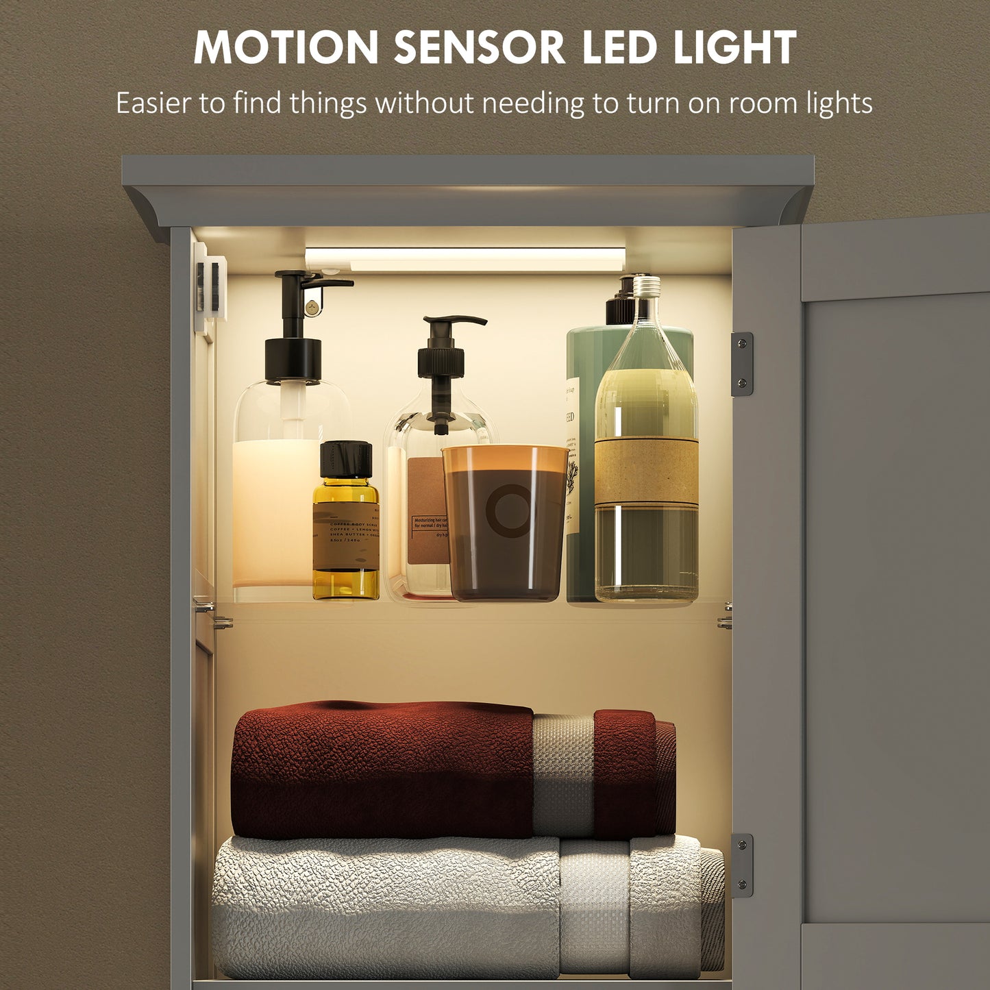 HOMCOM Slim Bathroom Storage Cabinet With Motion Sensor LED Lights White With Upper And Lower Cupboards And Drawer