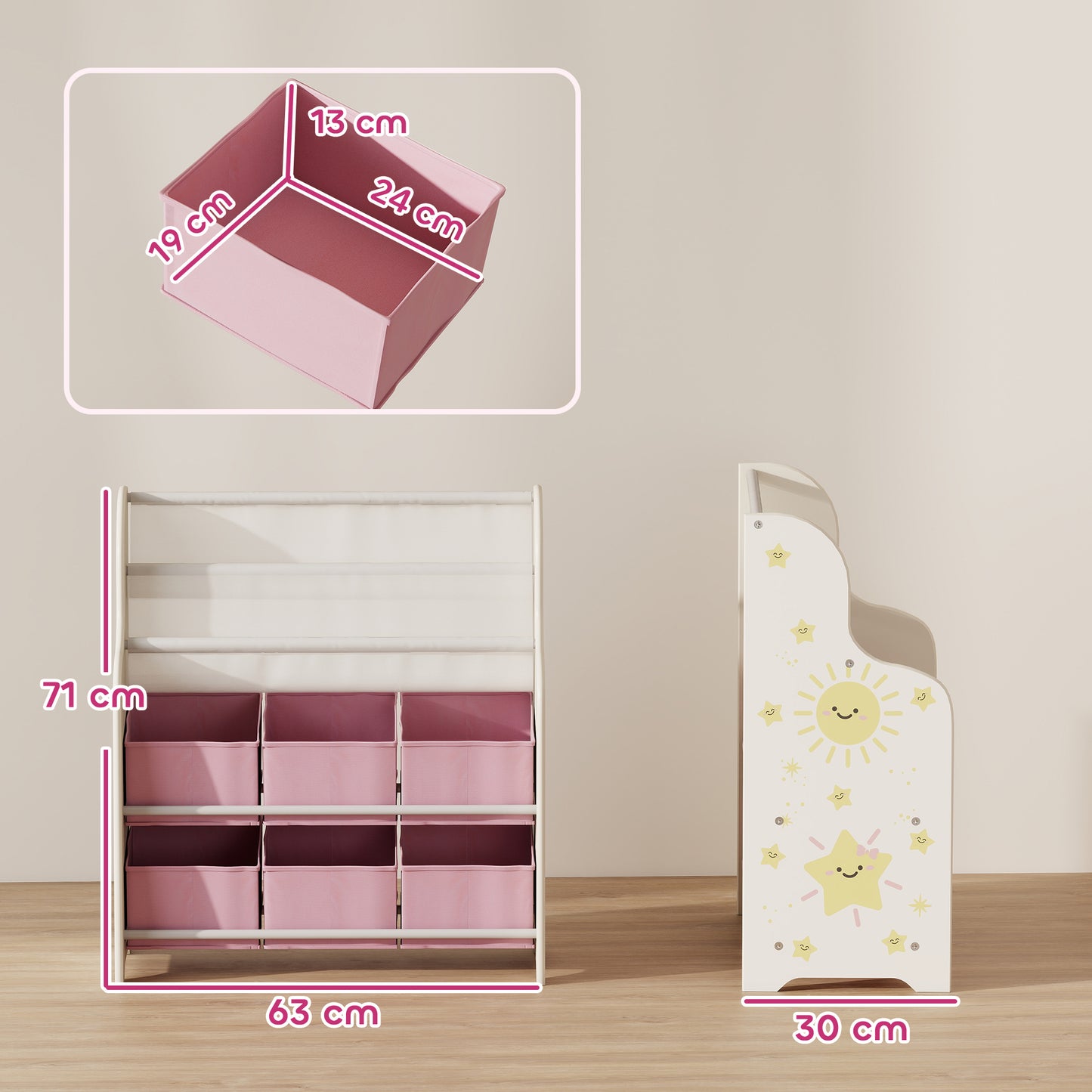 AIYAPLAY Kids Storage Unit Toy Organizer With Six Fabric Drawers And Two Tier Sling Book Rack Pink