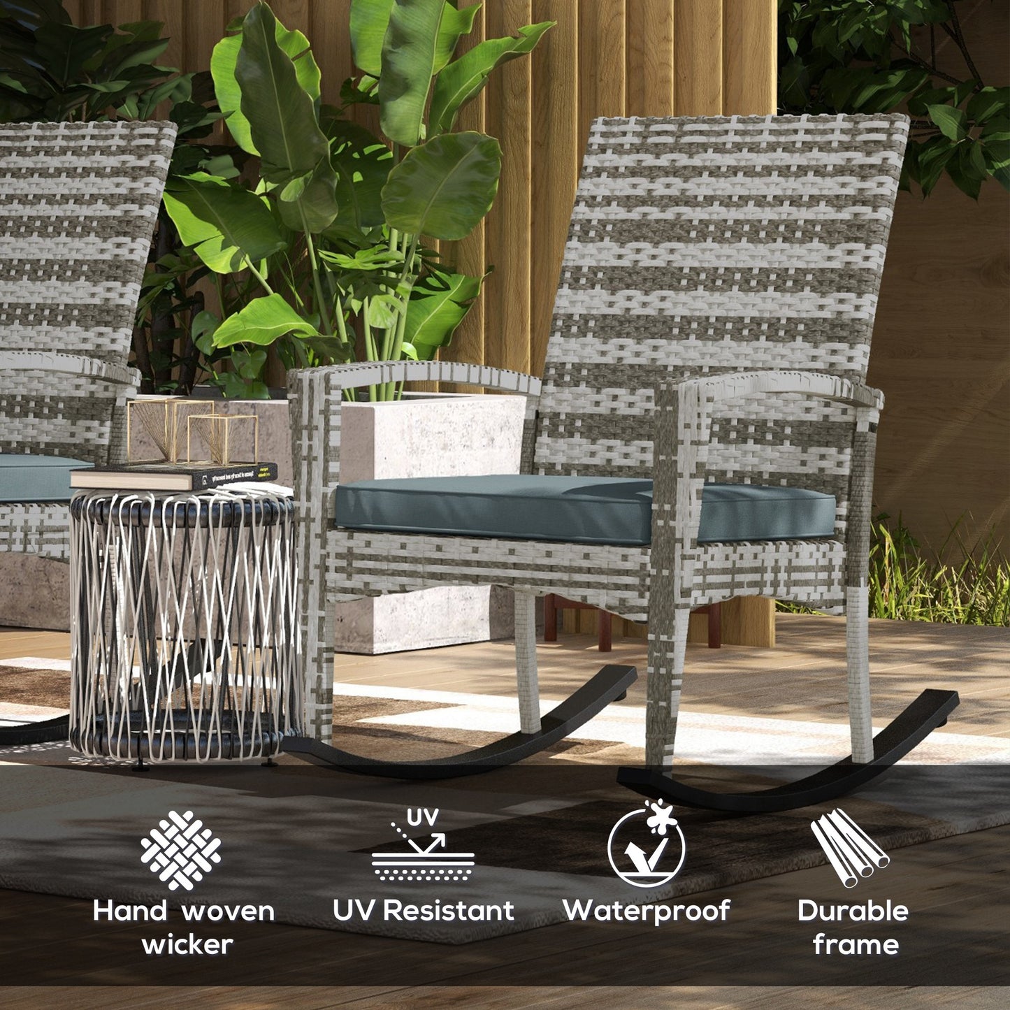 Outsunny Set of 2 Modern Light Grey PE Rattan Garden Rocking Chairs with Cushions and Armrests - ALL4U RETAILER LTD