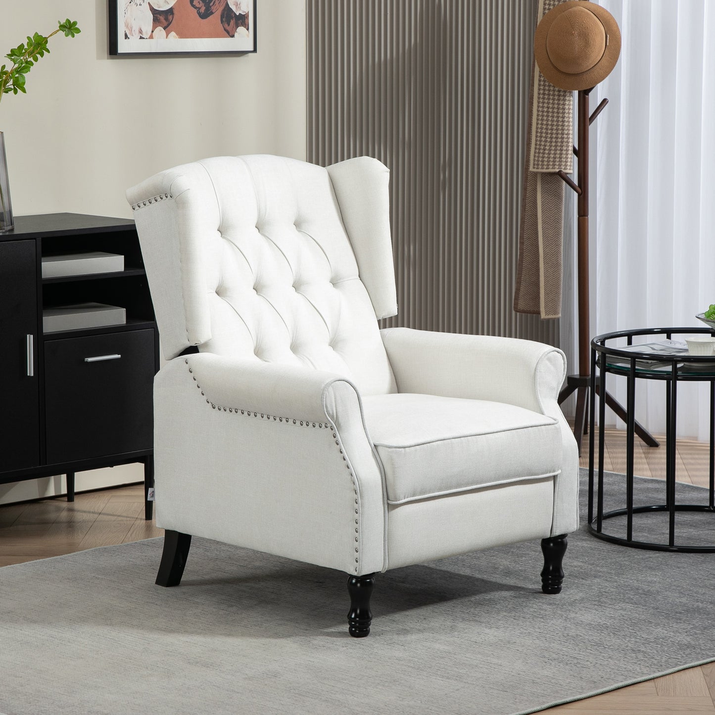 HOMCOM Vintage Cream White Recliner Armchair with Nail Head Trim and Tufted Wingback Design for Relaxation