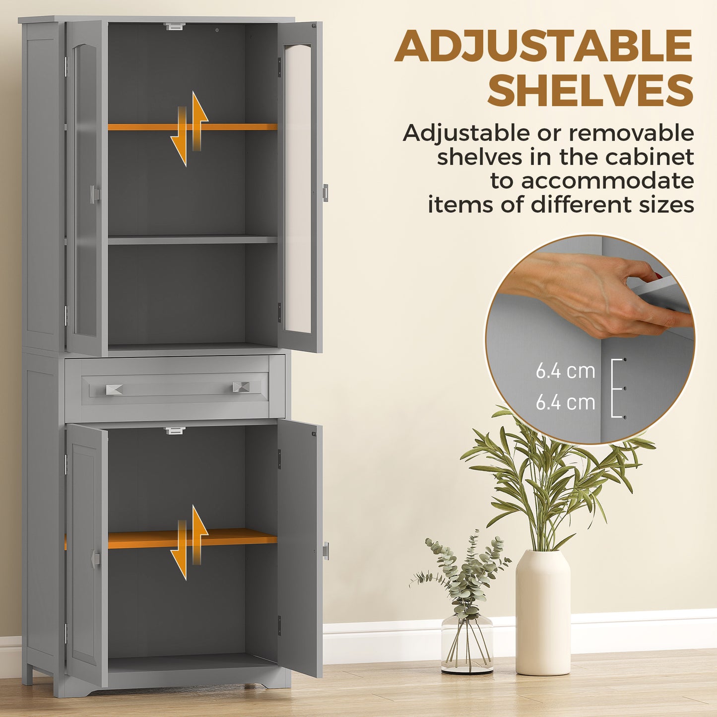 HOMCOM Freestanding Kitchen Cupboard With 2 Adjustable Shelves Drawer Glass Door Living Room Grey