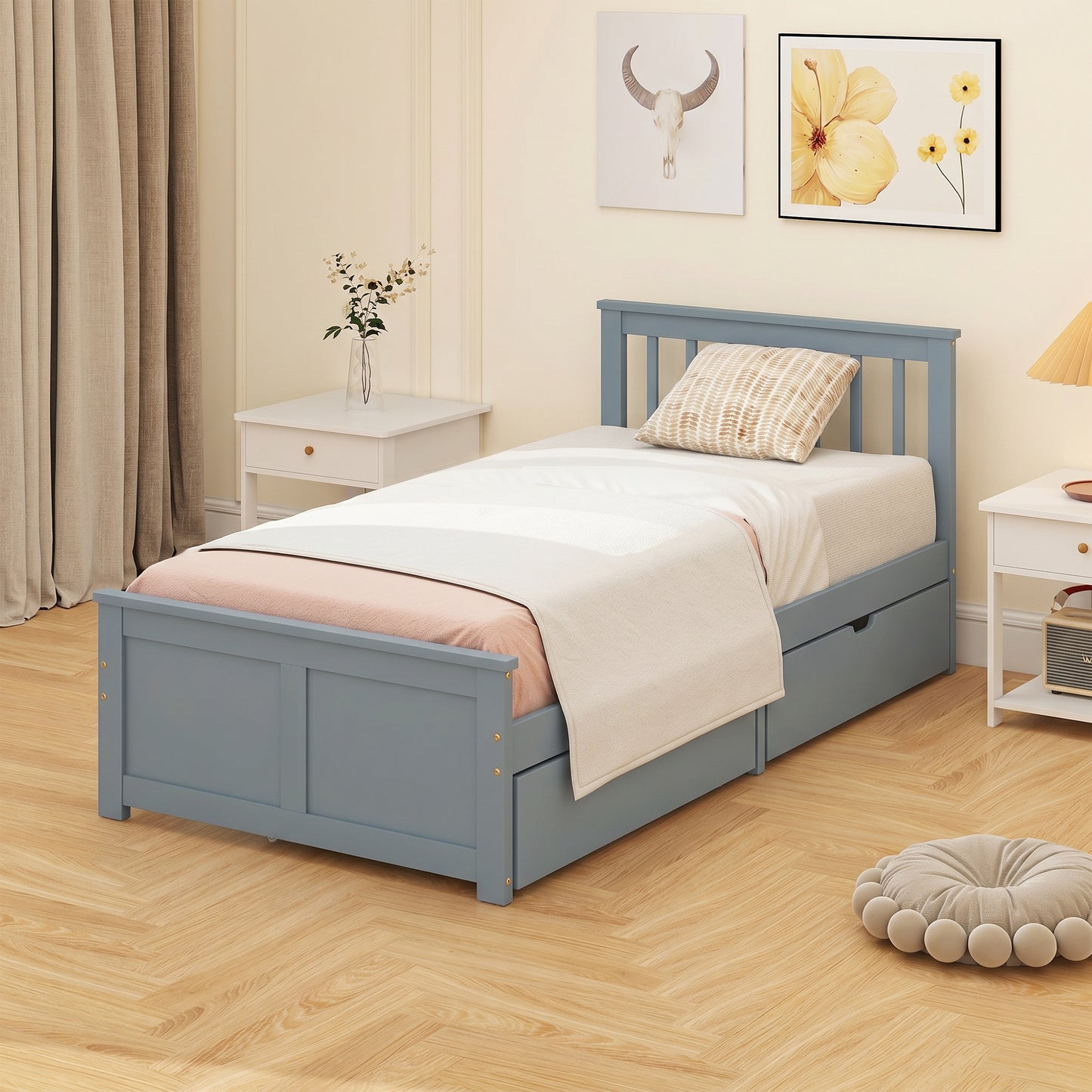 HOMCOM Pine Storage Bed 3ft Single Solid Wooden Bed Frame With Drawers Headboard Wood Slat Support Grey