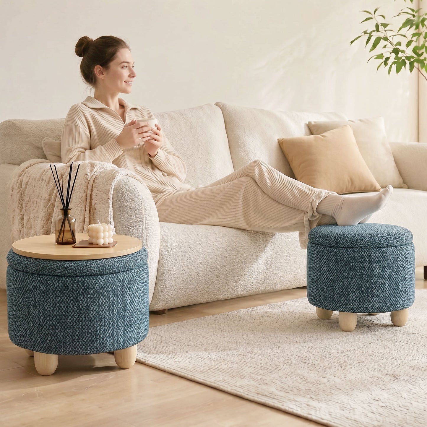 HOMCOM Round Storage Ottoman Bench With Lid Dark Blue Upholstered Footrest And Tabletop Rubberwood Legs