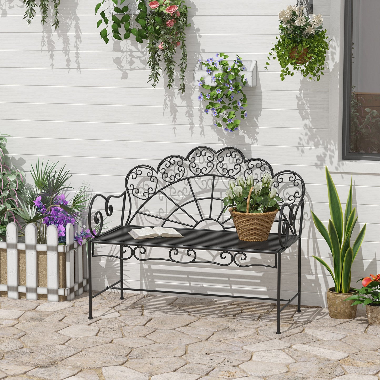 Outsunny Metal Garden Bench Loveseat With Slatted Seat Black Outdoor Patio Furniture Durable Weatherproof