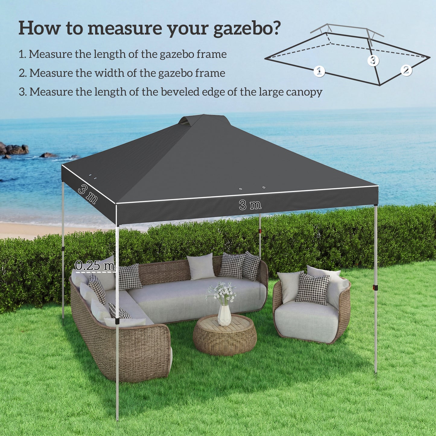 Outsunny Gazebo Roof Replacement UV50 Plus Waterproof Pop Up Canopy Cover With Eight Drainage Holes 3x3m Dark Grey