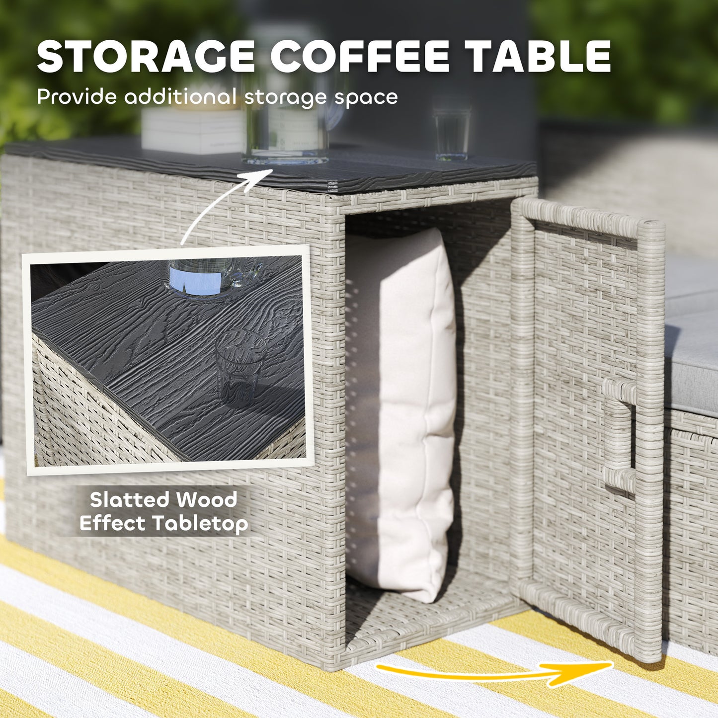 Outsunny Five Piece Rattan Garden Furniture Set With Storage Table Cushions And Two Chairs And Footstools Grey
