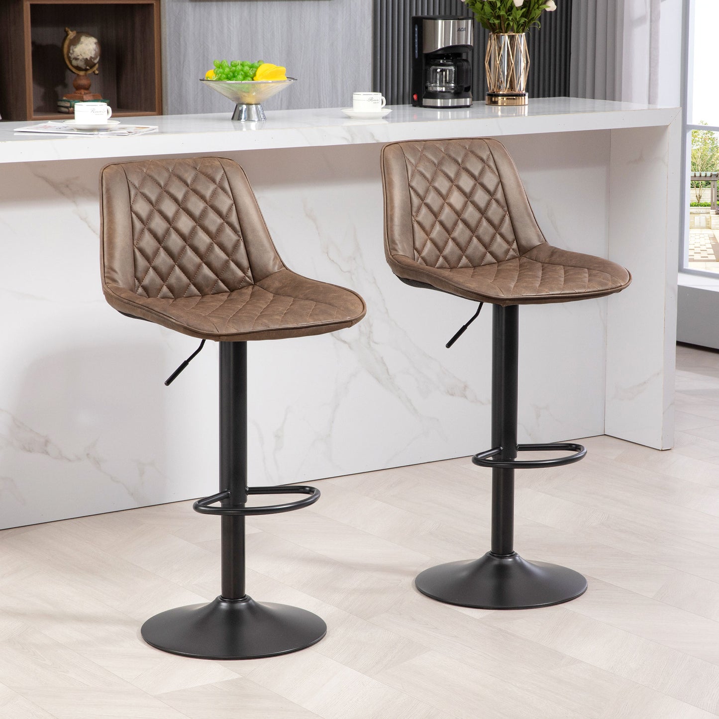 HOMCOM Bar Stools Set Of 2 Adjustable Swivel Bar Chairs With Back PU Leather Upholstery Footrest And Steel Base Brown