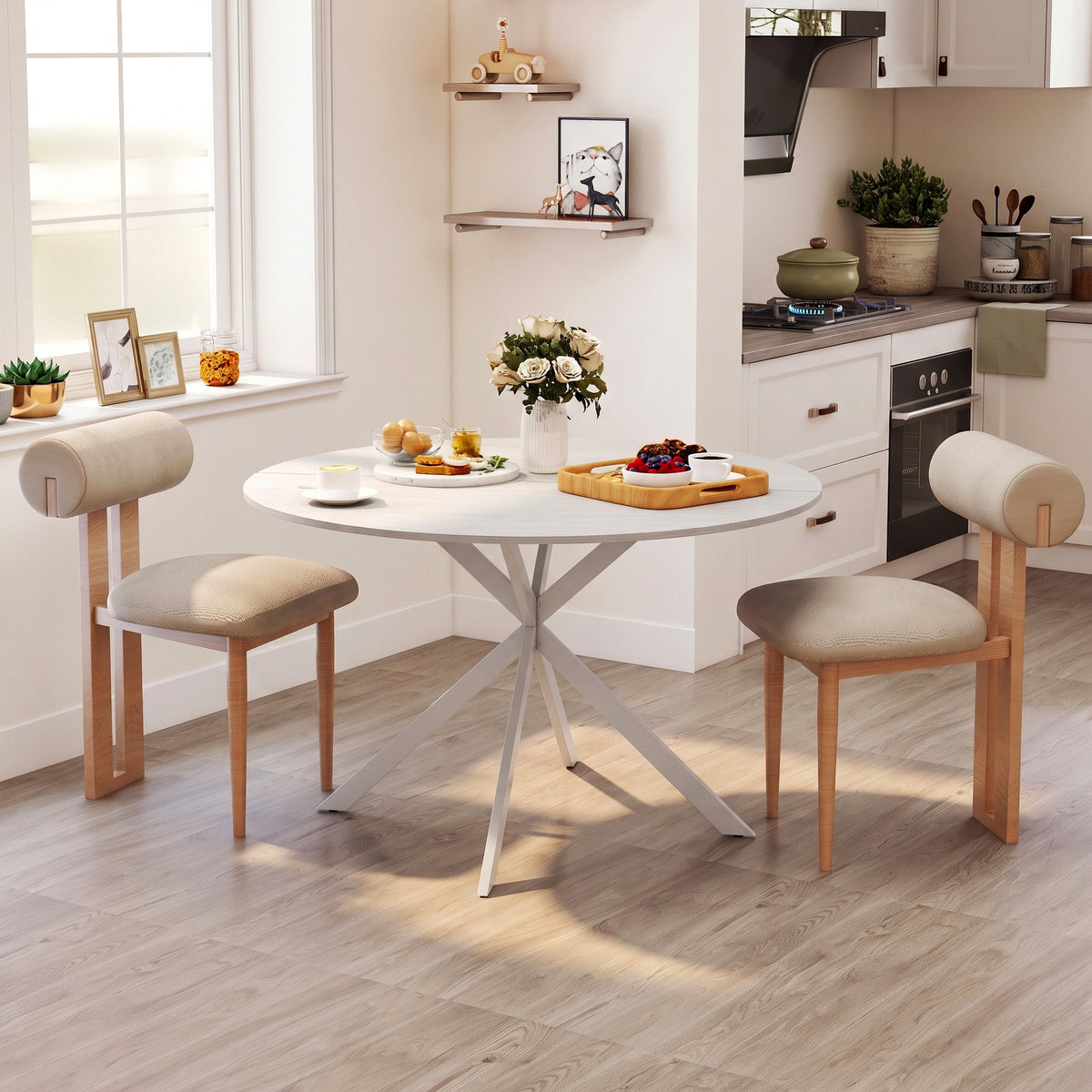 Round dining table with white top and white steel X legs with beige seat chairs