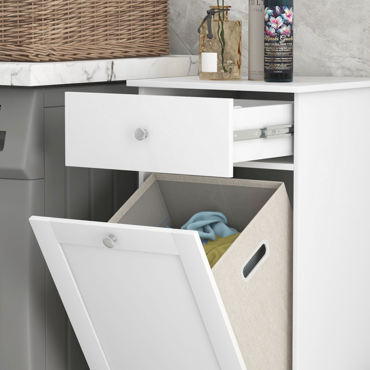 Kleankin Modern White Bathroom Cabinet with Integrated Laundry Hamper and Storage Drawer - ALL4U RETAILER LTD